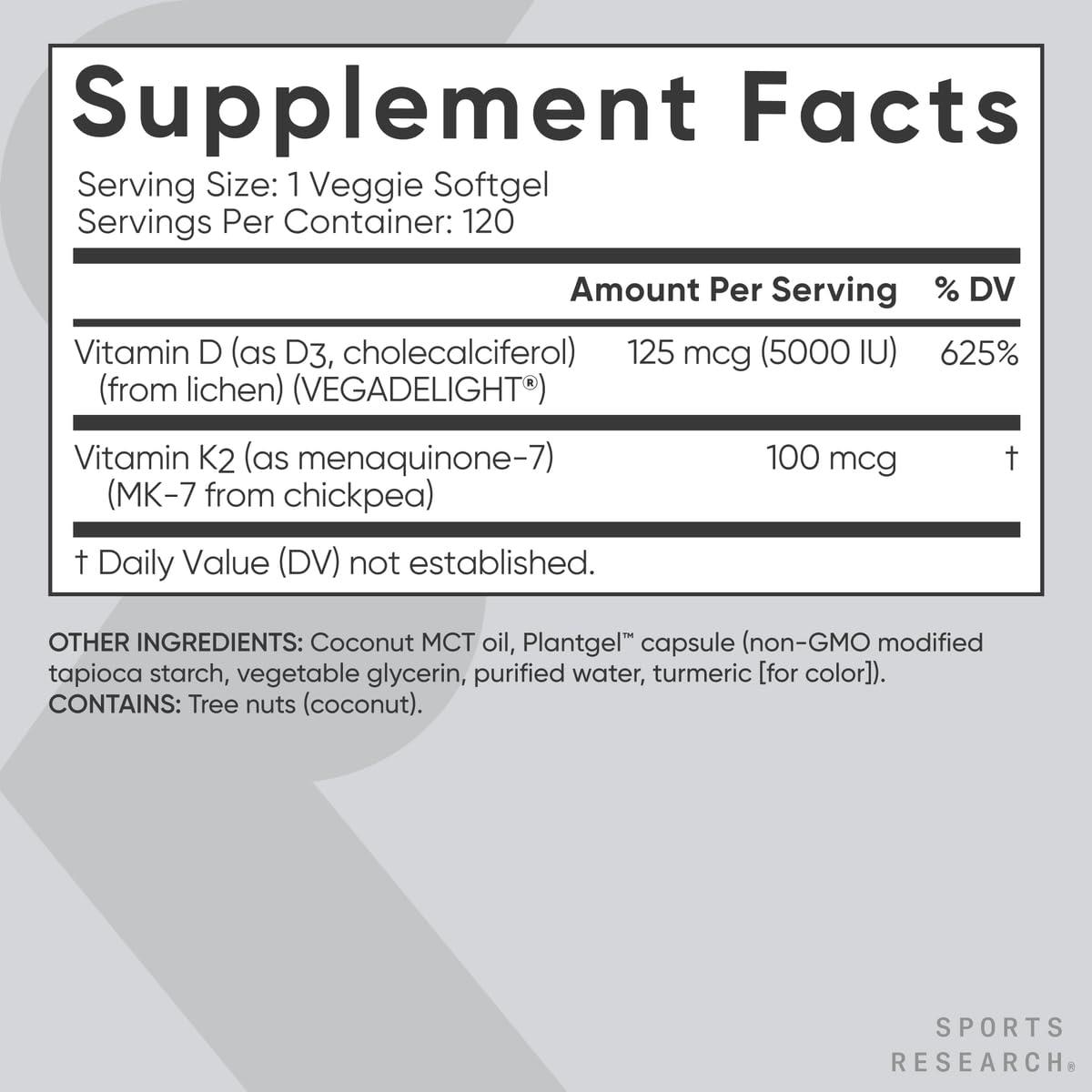 Sports Research® Vitamin D3 + K2 with Coconut MCT Oil | Vegan D3 5000 IU with K2 100 mcg for Bone & Immune Health | Vegan Certified, Soy & Gluten Free - 120 Softgels - Image 5