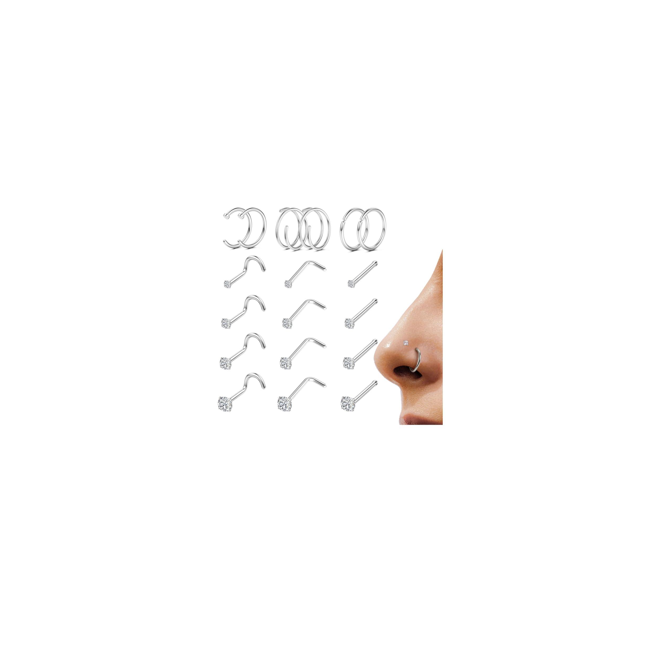 LOYALLOOK 18Pcs Nose Rings Studs - 316L Surgical Steel Gold Nose Studs Double Hoop Nose Ring for Women Men 18G/20G Nose Rings Stud Hypoallergenic Nose/Body Piercing Jewelry 1.5mm 2mm 2.5mm 3mm CZ