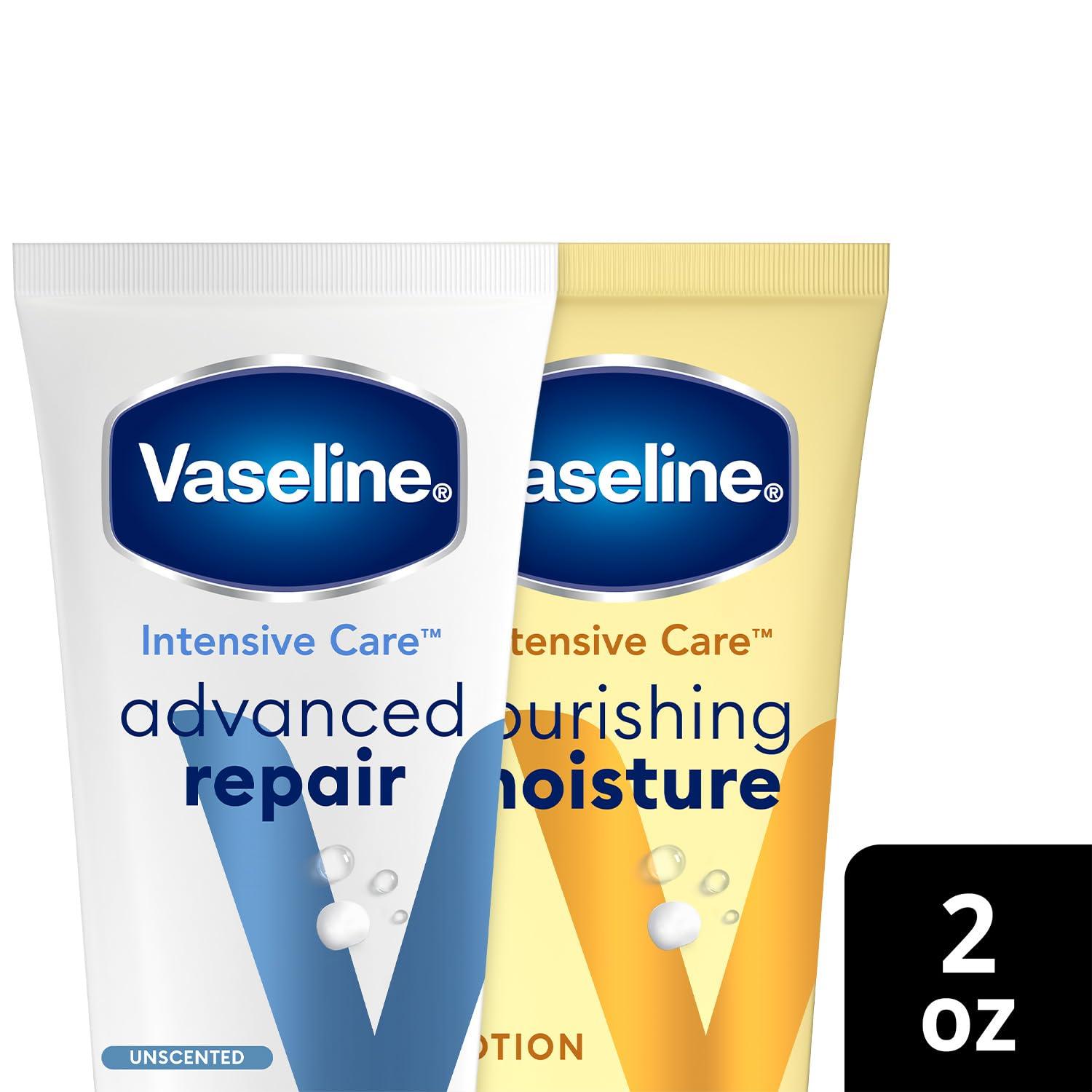 Vaseline Intensive Care Lotion Bundle – Advanced Repair Unscented Lotion & Nourishing Moisture Hand & Body Lotion for Extremely Dry Skin, 2 Oz Ea (2 Piece Set) - Image 3