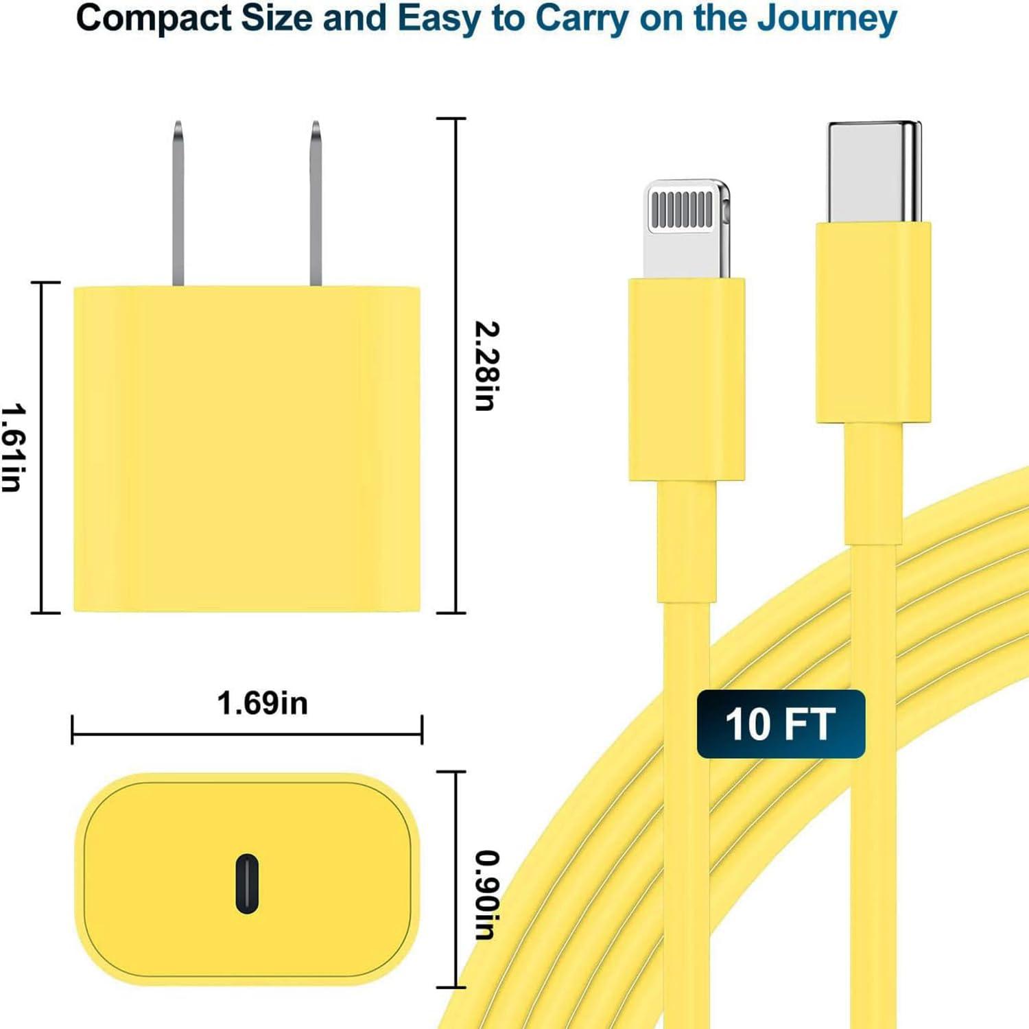 Phone Charger Fast Charging 10 FT, Long USB C to Lighting Cable 10 Foot with 20W USB C Rapid Phone Charger Block, Compatible with iPhone 14 Pro/13Pro Max/12/11Pro/Mini, 2 Pack - Yellow - Image 7