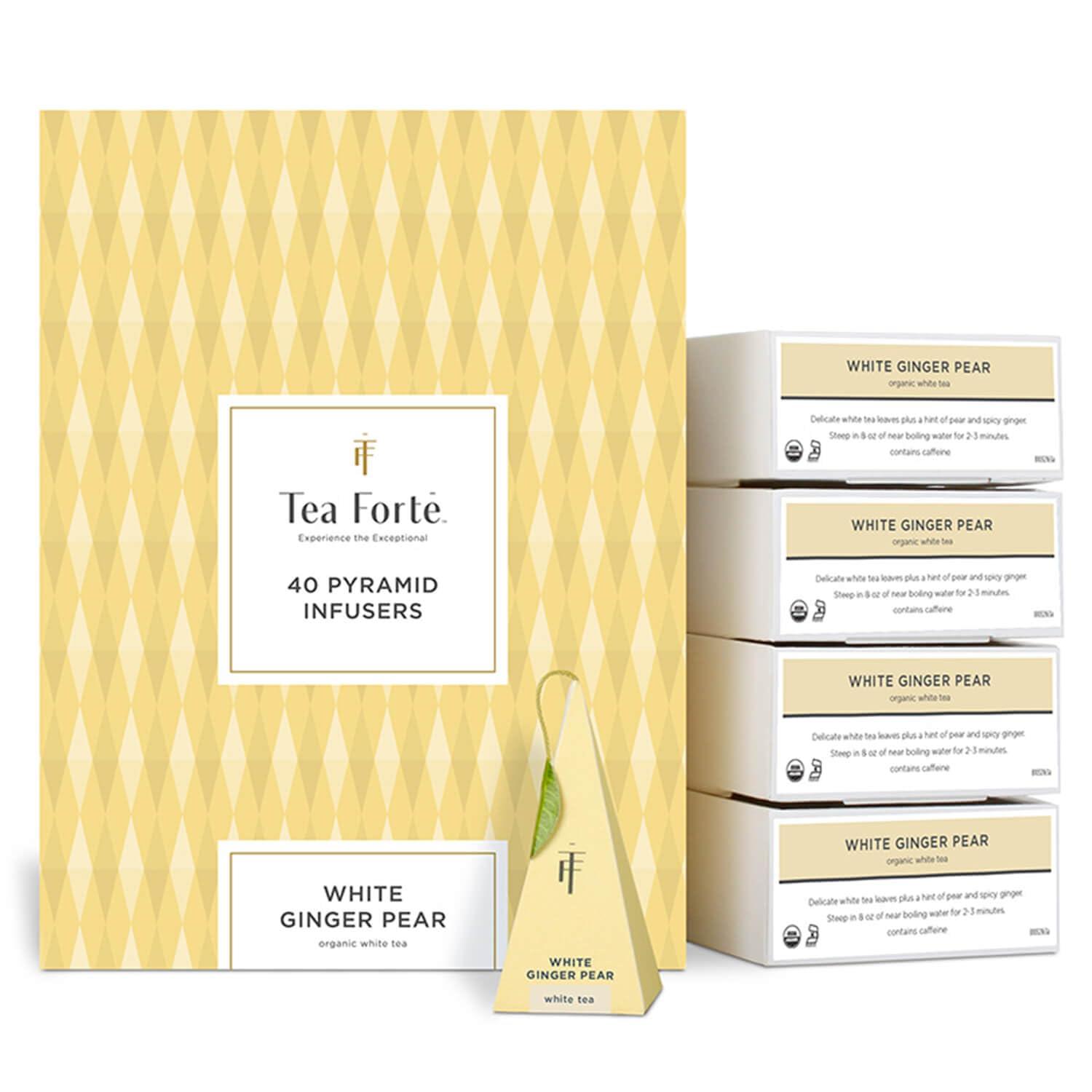 Tea Forte White Ginger Pear Premium Organic Caffeinated White Tea Blend Event Box, Bulk Pack 40 Count, 10 per tray Individually Wrapped Handcrafted Pyramid Infusers