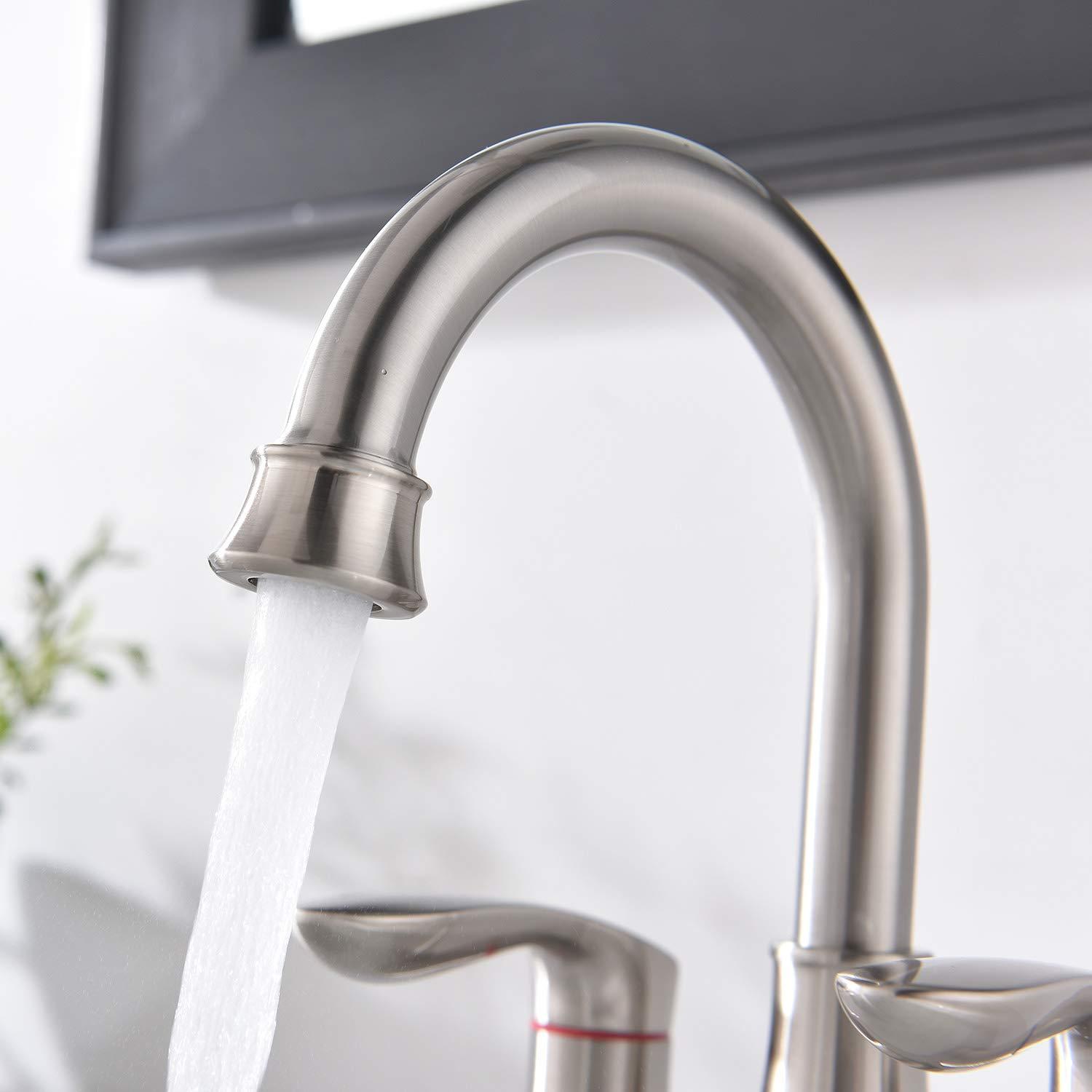 Friho Brushed Nickel Bathroom Faucet, Centerset Lead-Free Modern Commercial 2-Handle RV Bathroom Sink Faucet, 3 Hole 4 inch Bath Faucet with Drain Stopper and Water Hosess - Image 7
