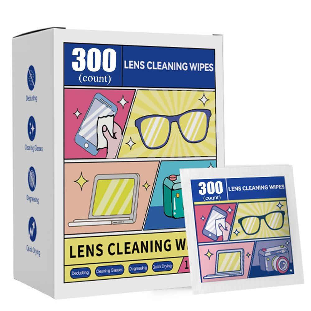 Pre-Moistened Lens Cleaning Wipes 300 Count - Streak-Free Eyeglass Cleaner for Glasses, Sunglasses, Camera Lenses & Screens, Alcohol-Free & Anti-Static, Travel-Friendly Individual Packets