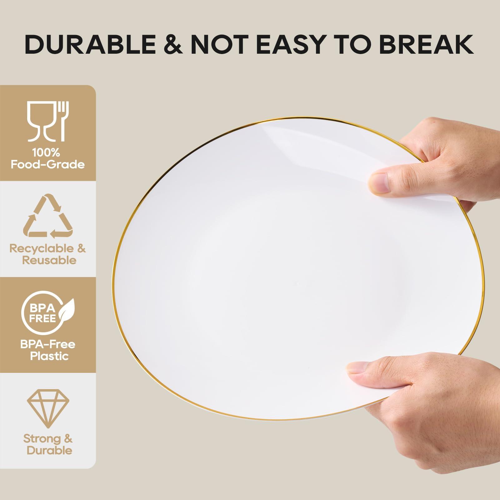 FOCUSLINE 100 Count Gold Plastic Plates 10.25 Inch, Disposable Heavy Duty Dinner Plates, Premium Hard Plastic Plate Fancy Disposable White Plate with Gold Rim - Image 5