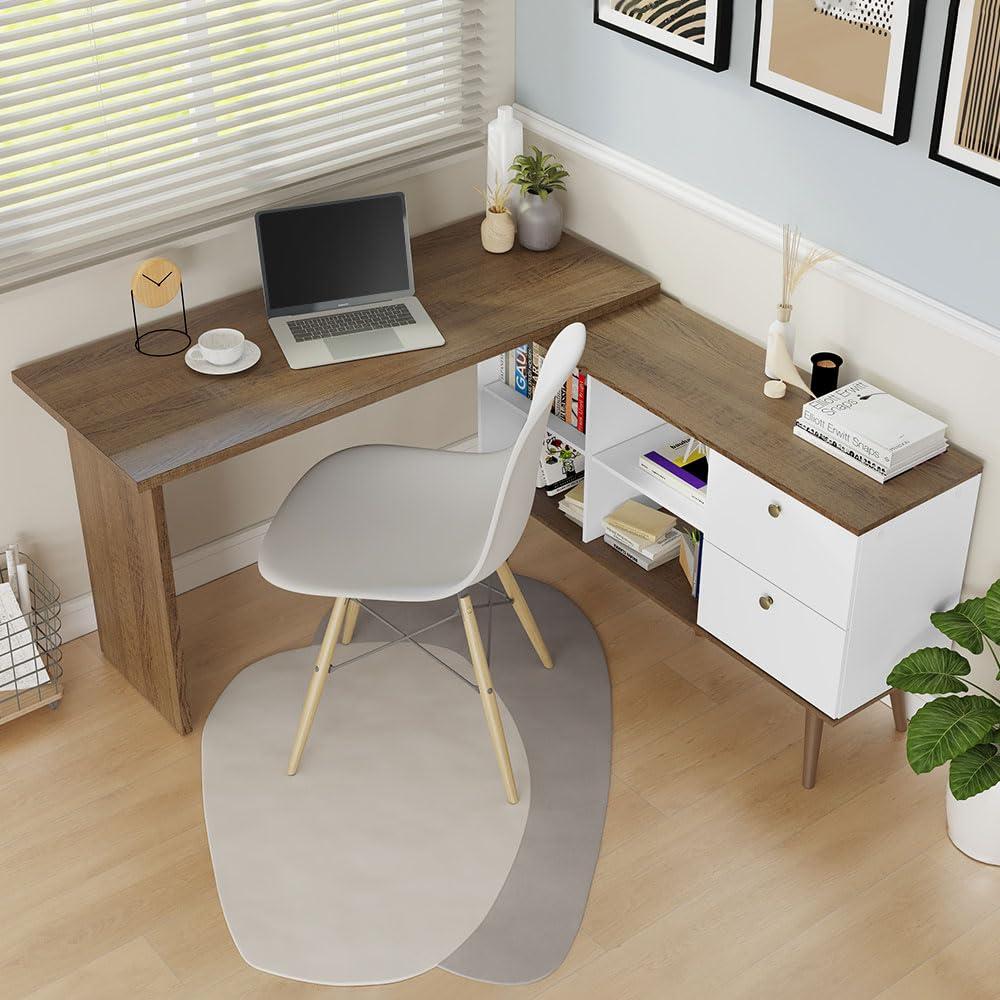 Madesa Modern L Shaped Desk 59 Inch with 2 Drawers and 4 Storage Shelves Home Office Corner Study Table Unit for Kids and Adults - White/Brown - Image 4