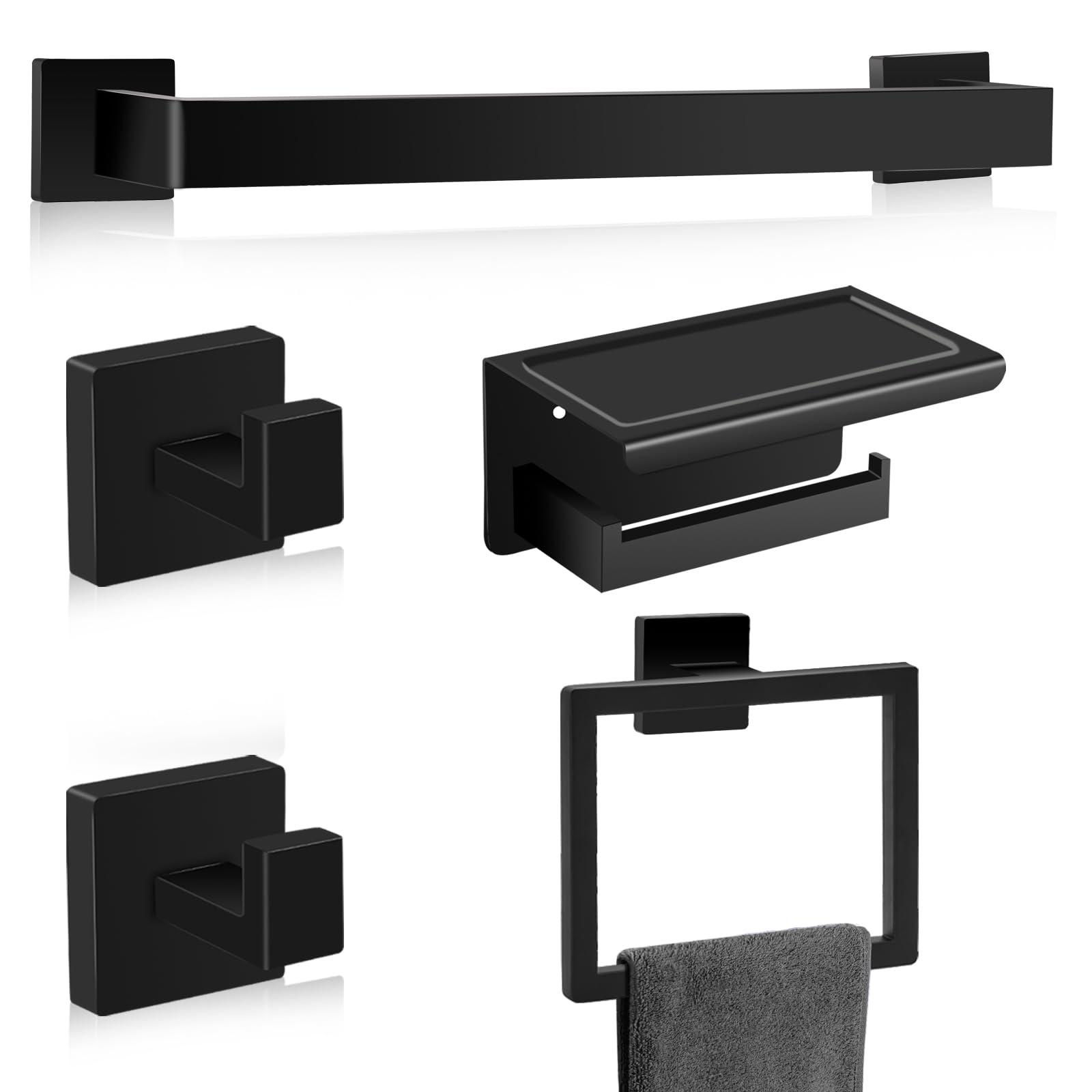 Matte Black Bathroom Hardware Accessories Set of 5 Pieces, 15.6 Inch Bath Towel Bar Set, 304 Stainless Steel Bathroom Hardware Set, Towel Racks for Bathroom Wall Mounted