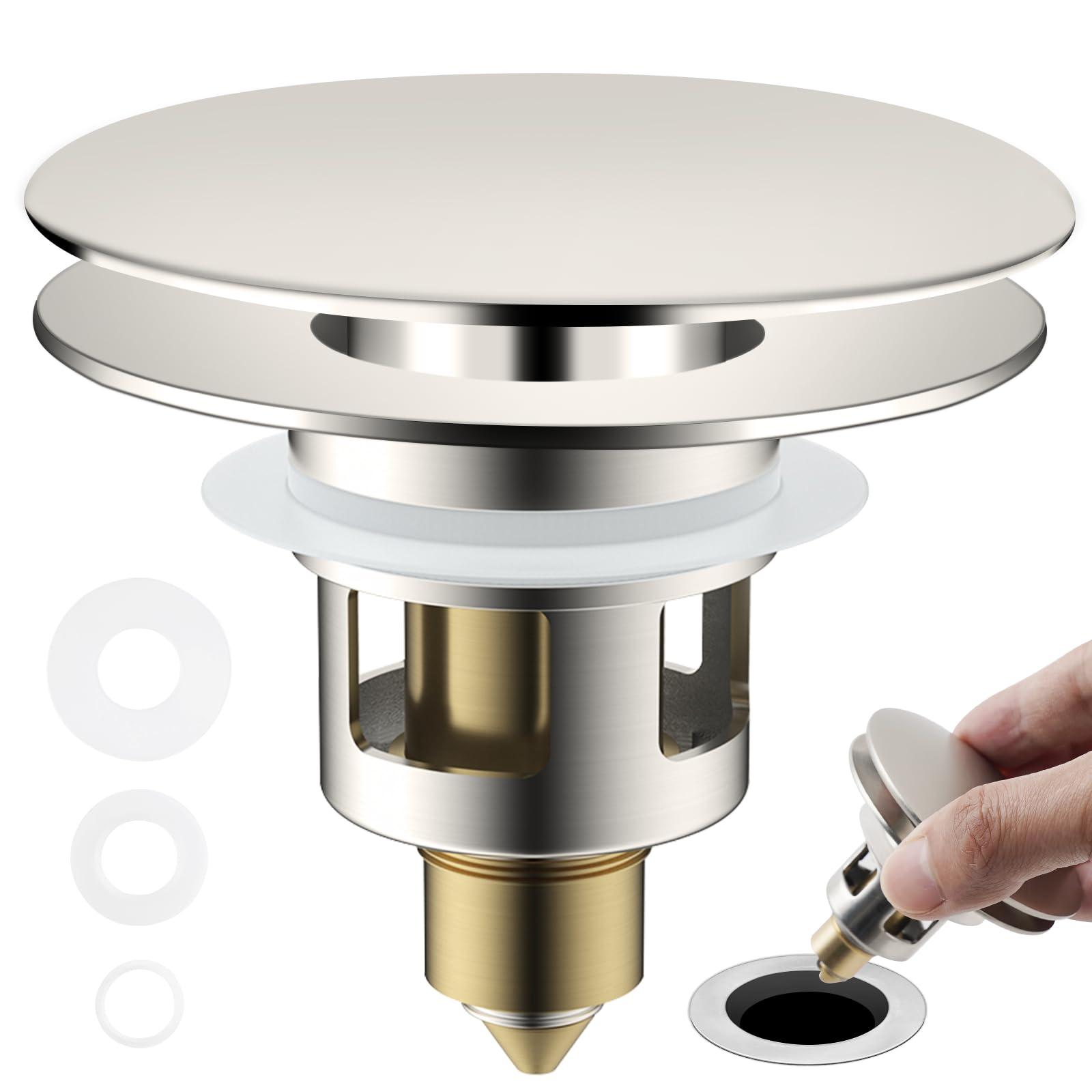 Hygie Rinse Universal Bathroom Sink Stopper All Metal 2 in 1 Pop Up Basin Sink Drain Strainer for 1.1~2.3 Inch US Standard Sink Drain Strainer with Hair Catcher, Anti-Clog, Brushed Nickel