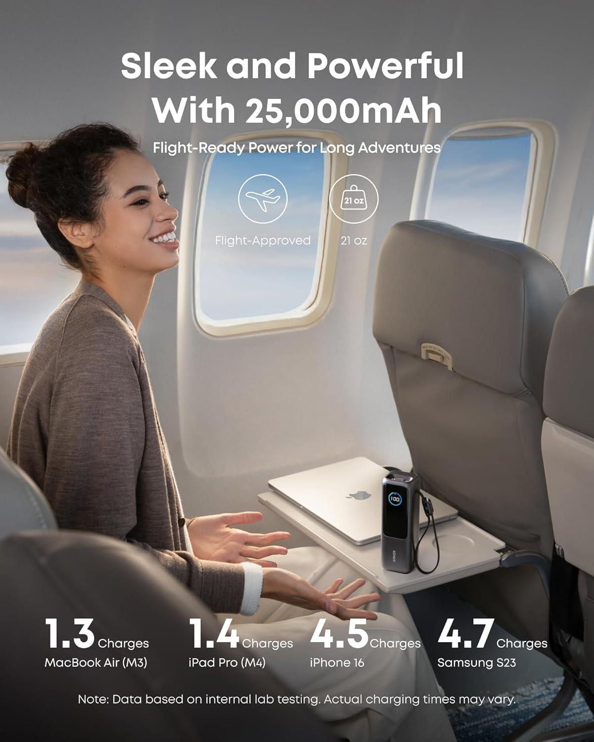 Anker Laptop Power Bank, 25,000mAh Portable Charger with Triple 100W USB-C Ports, Built-in and Retractable Cables, for iPhone 16/15 Series, MacBook, Samsung, and More (Flight-Approved) - Image 4