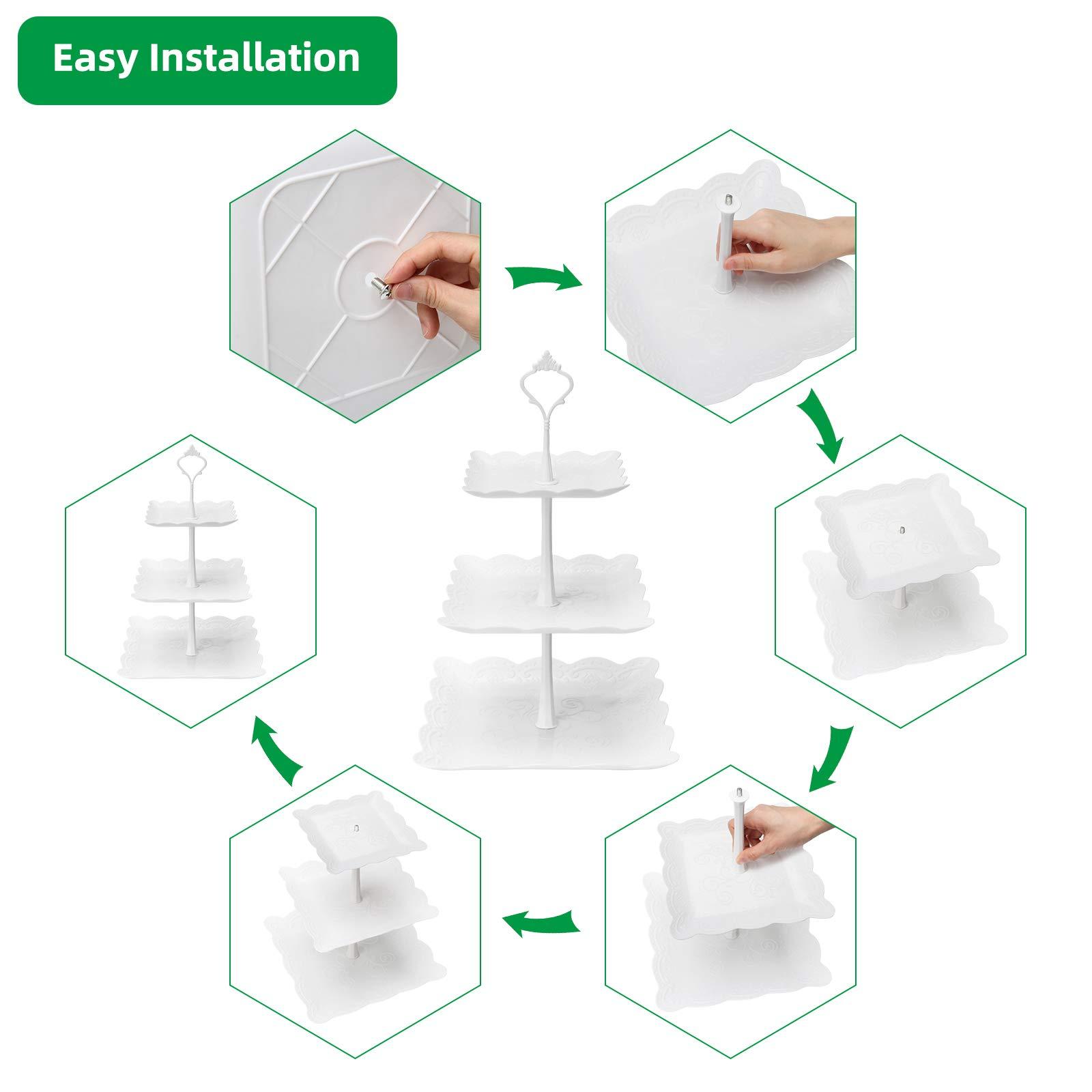 Coitak 3 Tier Cupcake Stand, Plastic Tiered Serving Stand, Square Dessert Tray for Tea Party, Baby Shower and Wedding (Pure White) - Image 5