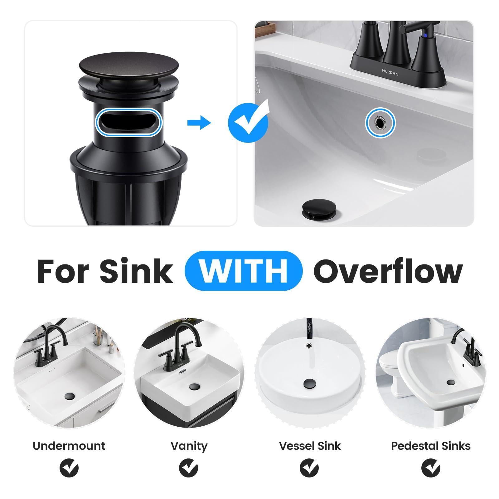 Bathroom Sink Drain with Overflow, Hurran Matte Black Universal Bathroom Sink Stopper for Bathroom Vanity Vessel Sink, Rapid Draining Plastic Pop-up Sink Drain with Hair Catcher Anti-Clog Strainer - Image 3