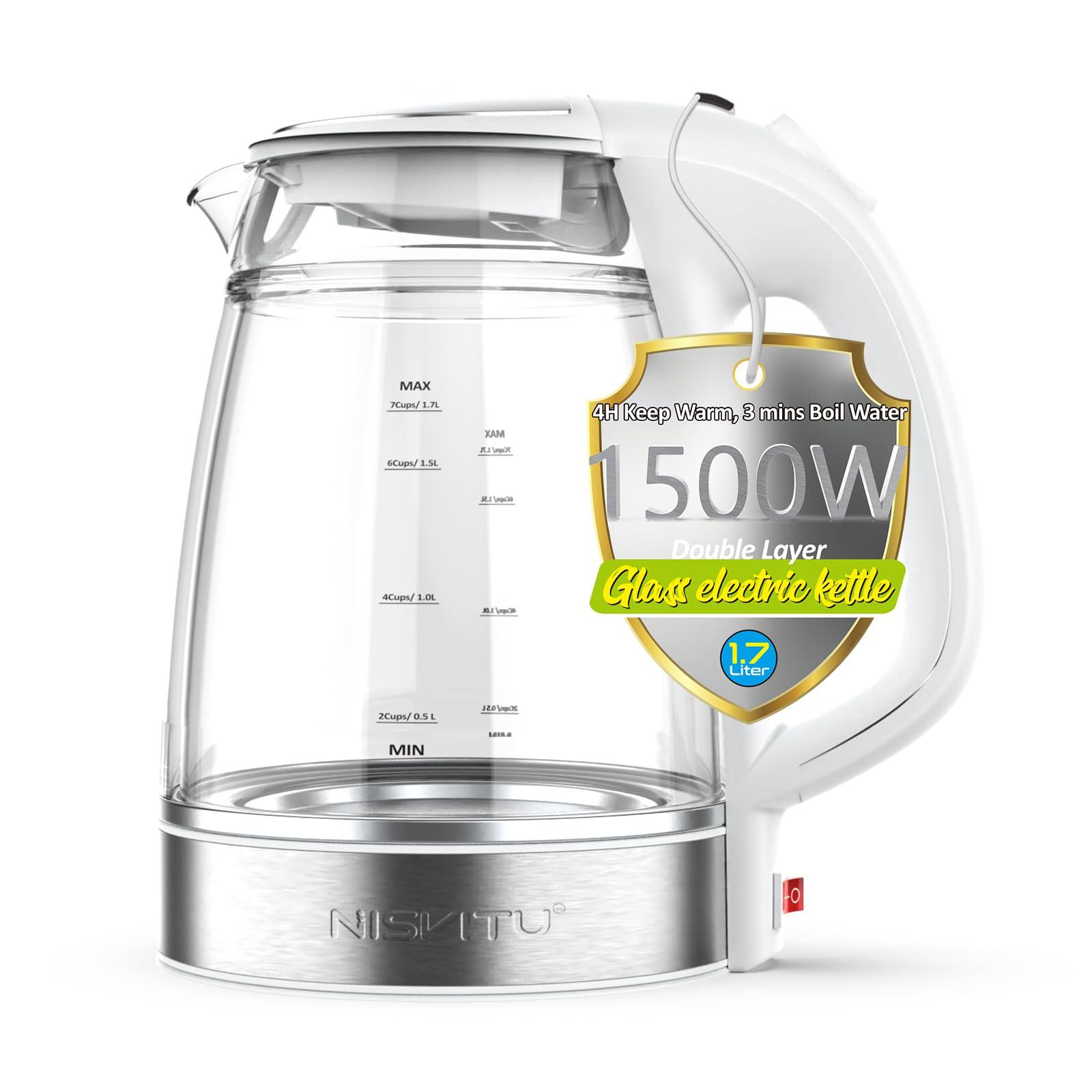 NISVITU, Double Glass Stainless Steel Cordless Electric kettle for boiling water, Hot water boiler Electric Tea Kettle automatic shut off Boil-Dry Protection Anti-Scald 1.7L 1500W, White