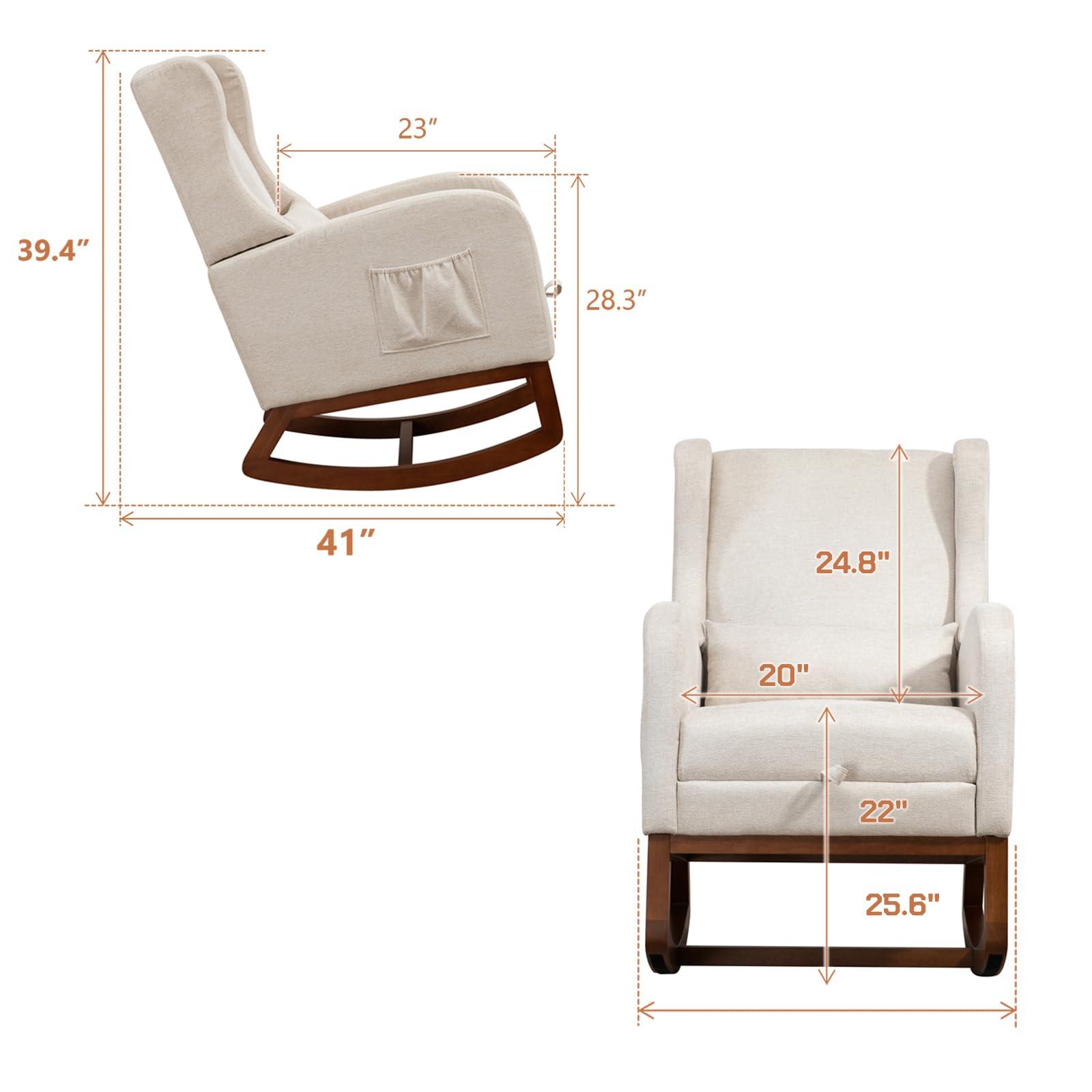 Modern Rocking Chair Nursery Glider, Comfy Rocker Nursery Chair with Foot Rest, Accent Reading Armchair with Pillow and Pocket, Upholstered Lounge Rocker with Solid Wood Base for Relaxing (Beige) - Image 2
