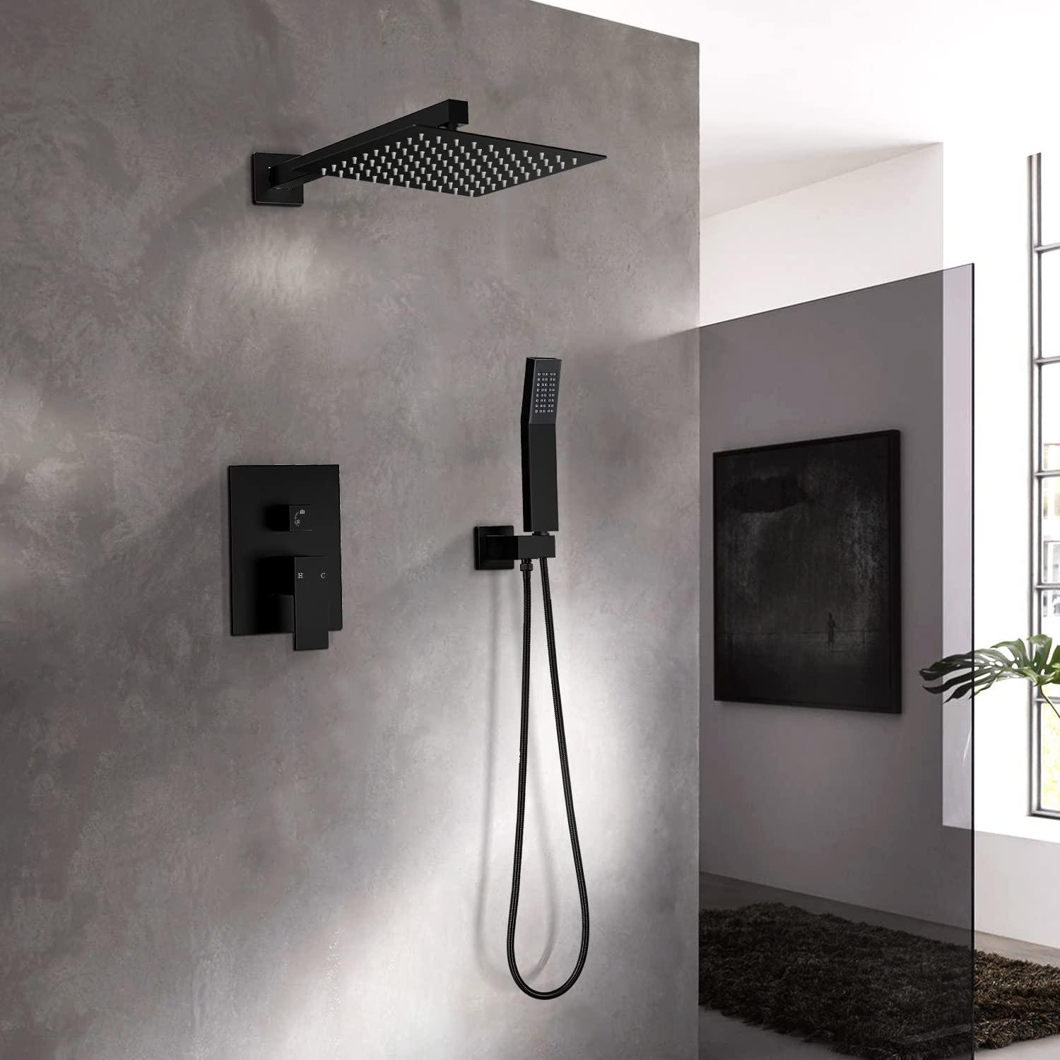 Qomolangma 10 inch Rain Shower System, Black Shower Faucet Set with Pressure Balance Valve, Wall Mounted 2-Functions Bathroom Shower Systems with Rain Shower and Handheld Spray Shower Trim Included - Image 2