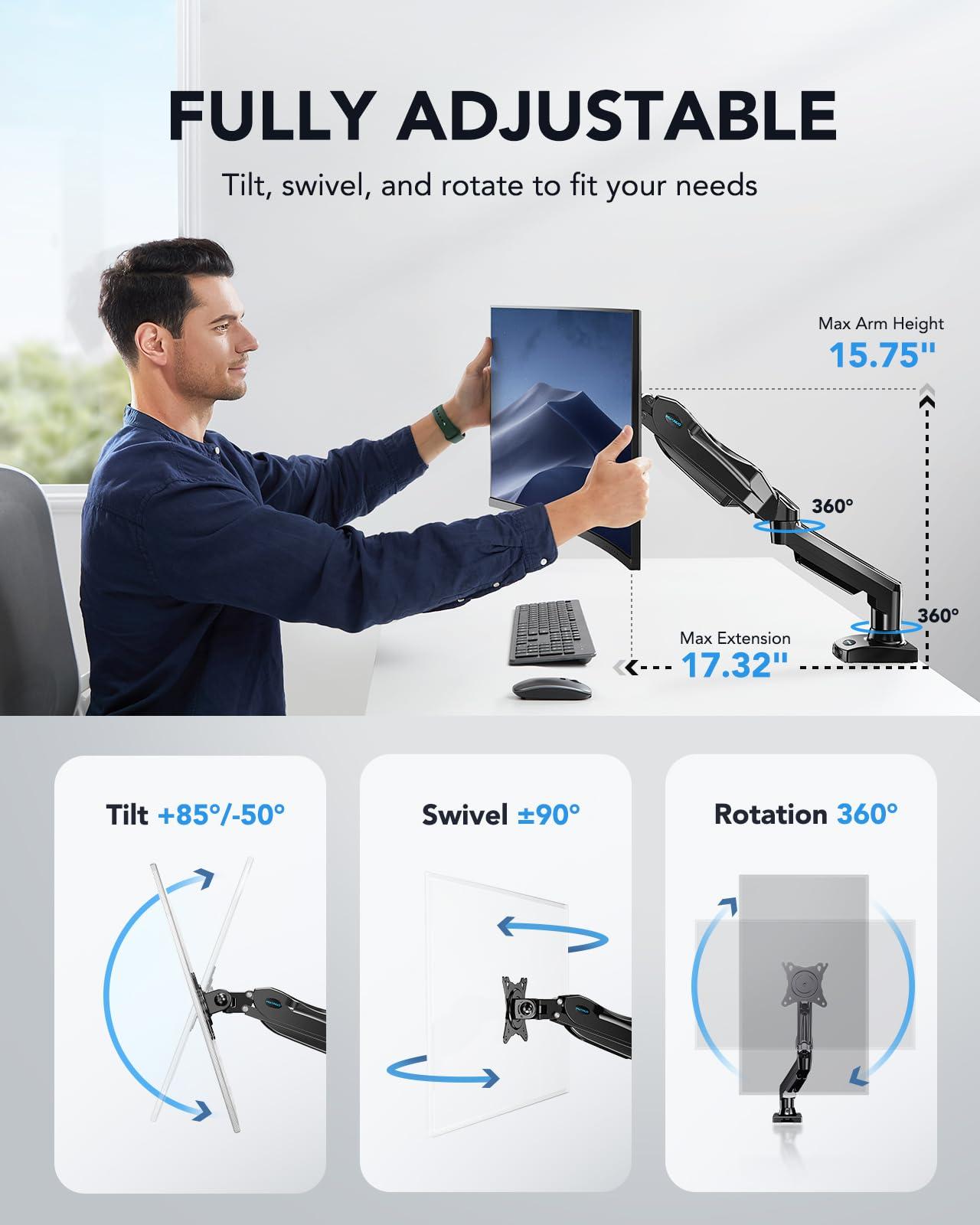 HUANUO Single Monitor Mount, 13 to 32 Inch Gas Monitor Arm, Adjustable Stand, Vesa Mount with Clamp and Grommet Base - Fits 4.4 to 19.8lbs LCD Computer Monitors - Image 4