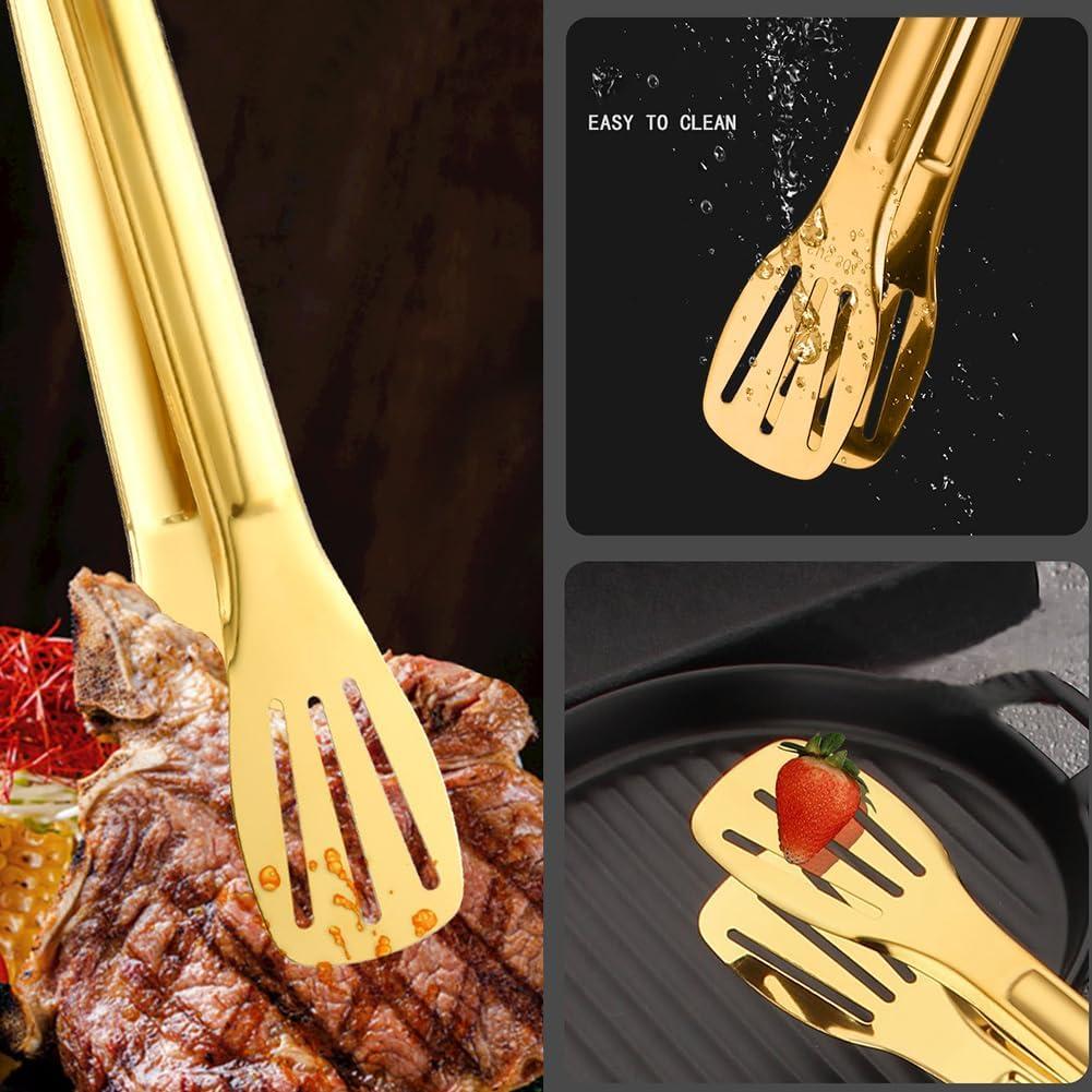 IAXSEE 4 PCS Serving Tongs Gold Tongs 9 Inch Serving Utensils Stainless Steel Serving Tongs for Salad Buffet Appetizer Dessert Tong for Food Parties (9 Inch, 4 GOLD) - Image 5