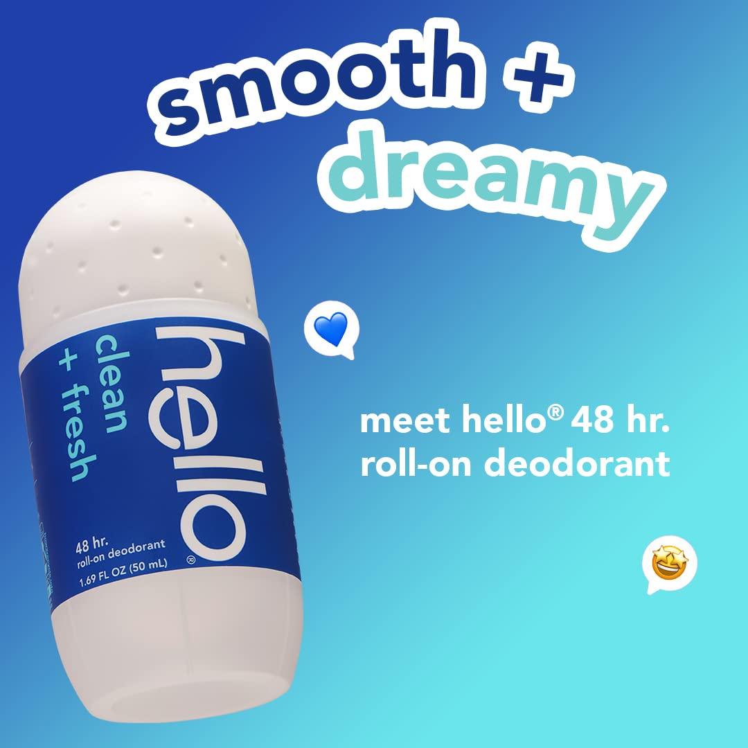 Hello Clean & Fresh Roll On Deodorant, Aluminum Free Deodorant for Women + Men, 48 Hour Non Sticky Formula, Dries Quick and Leaves No White Residue, Travel 2 Pack, 1.69 oz Tubes - Image 2