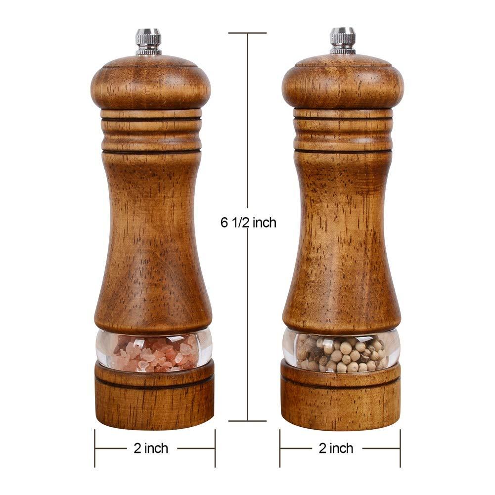 Haomacro Wood Salt and Pepper Grinder Set, Manual Mills with Acrylic Window, Adjustable Ceramic Grinding - 6.5inch, 2 Pack - Image 3