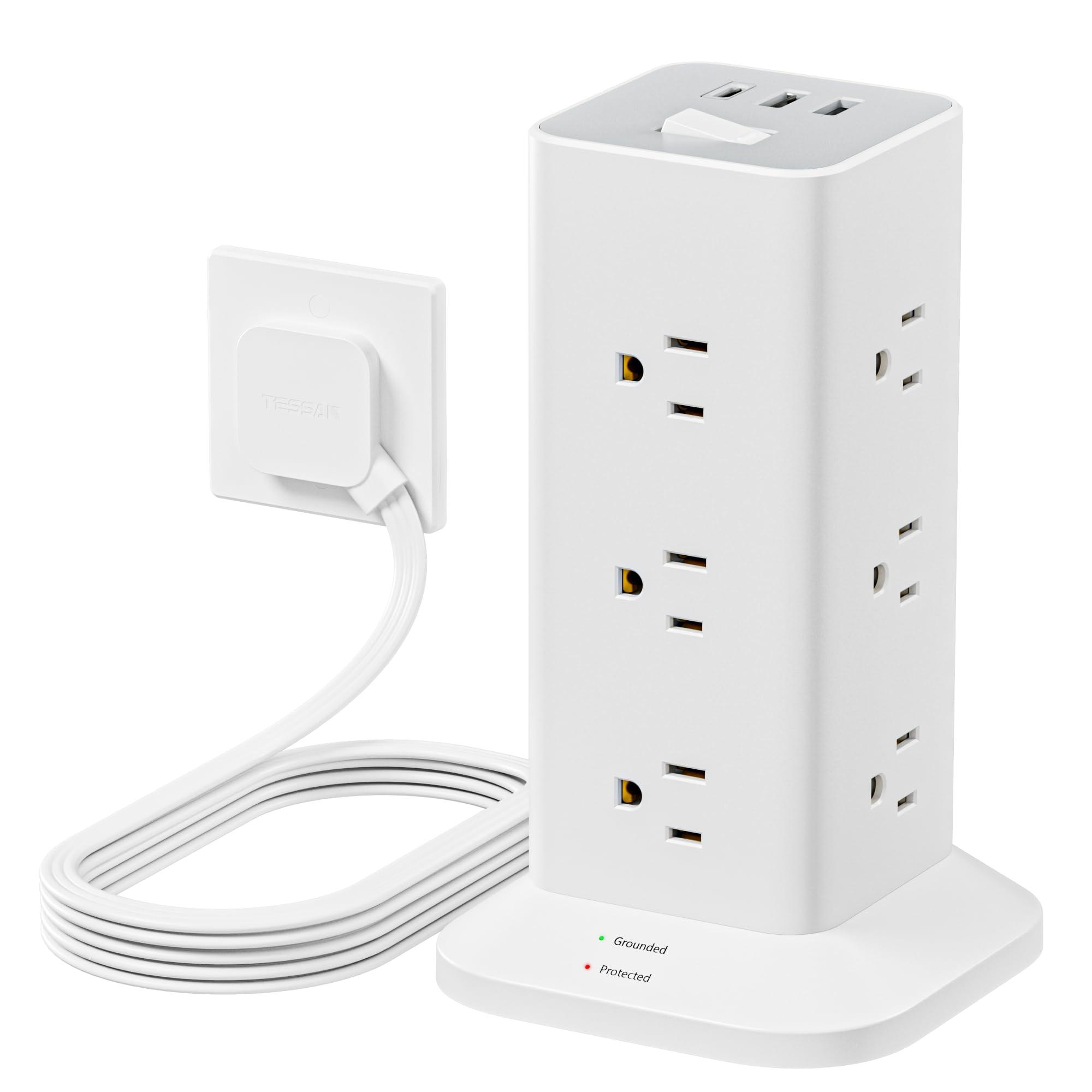 Power Strip Tower with Surge Protector, TESSAN Flat Plug Extension Cord 10 Ft with 12 AC Outlets with 3 USB Ports (1 USB C), Multiple Outlets for Home, Office Supplies, Dorm Room Essentials