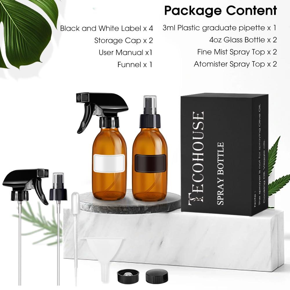 Tecohouse Glass Spray Bottles 4 OZ, Amber Empty Spray Bottle for Essential Oils, Small Glass Bottles for Cleaning Solutions, Plants, with Durable Nozzle, Labels, Funnel, Pipettes - Image 2