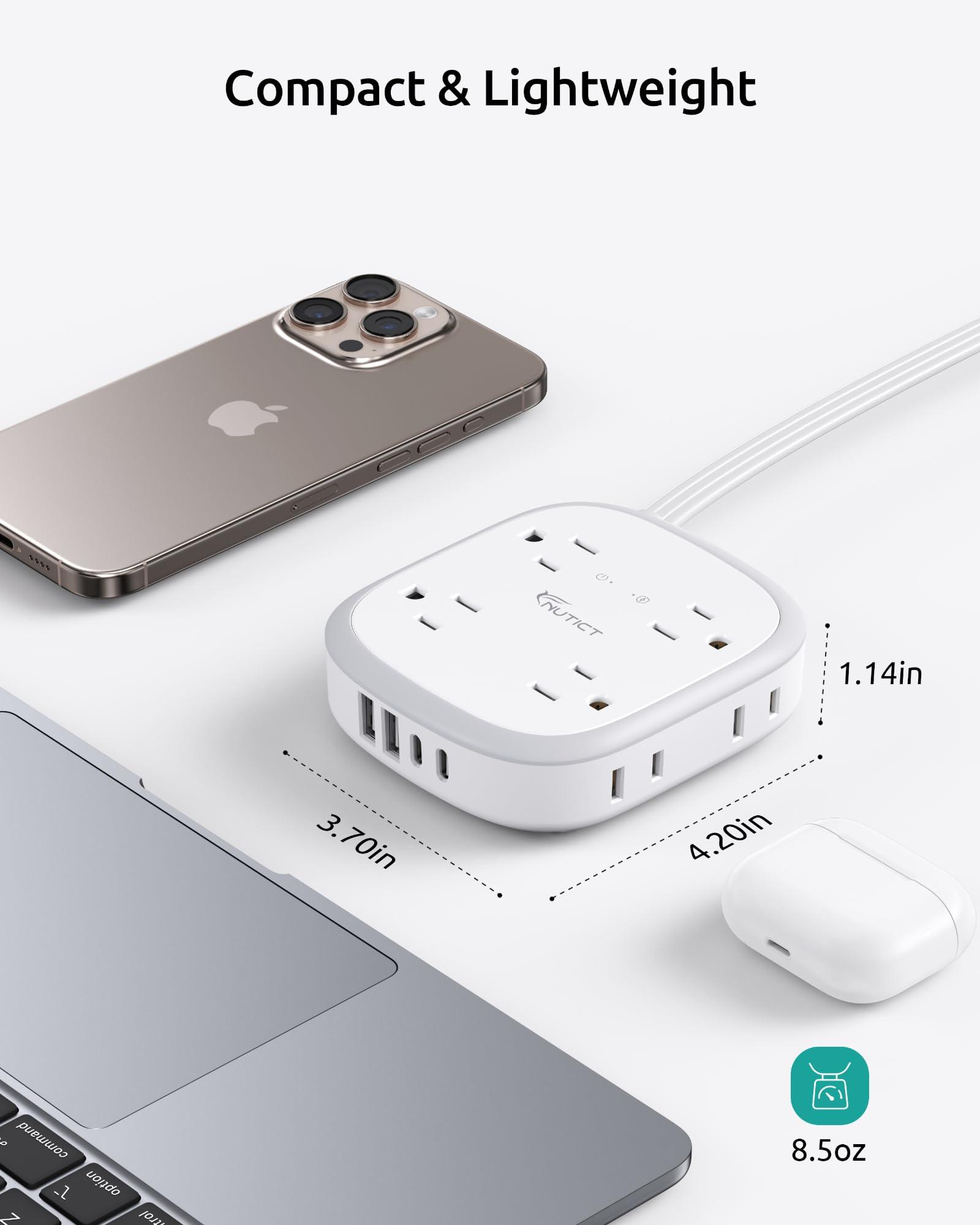 NUTICT Power Strip with USB C, Flat Plug Surge Protector, 8 Widely-Spaced Outlets & 4 USB (2 USB C), 5ft Extension Cord with Multiple Outlets, Travel Power Strip, 1700J, Compact for Home Office - Image 6