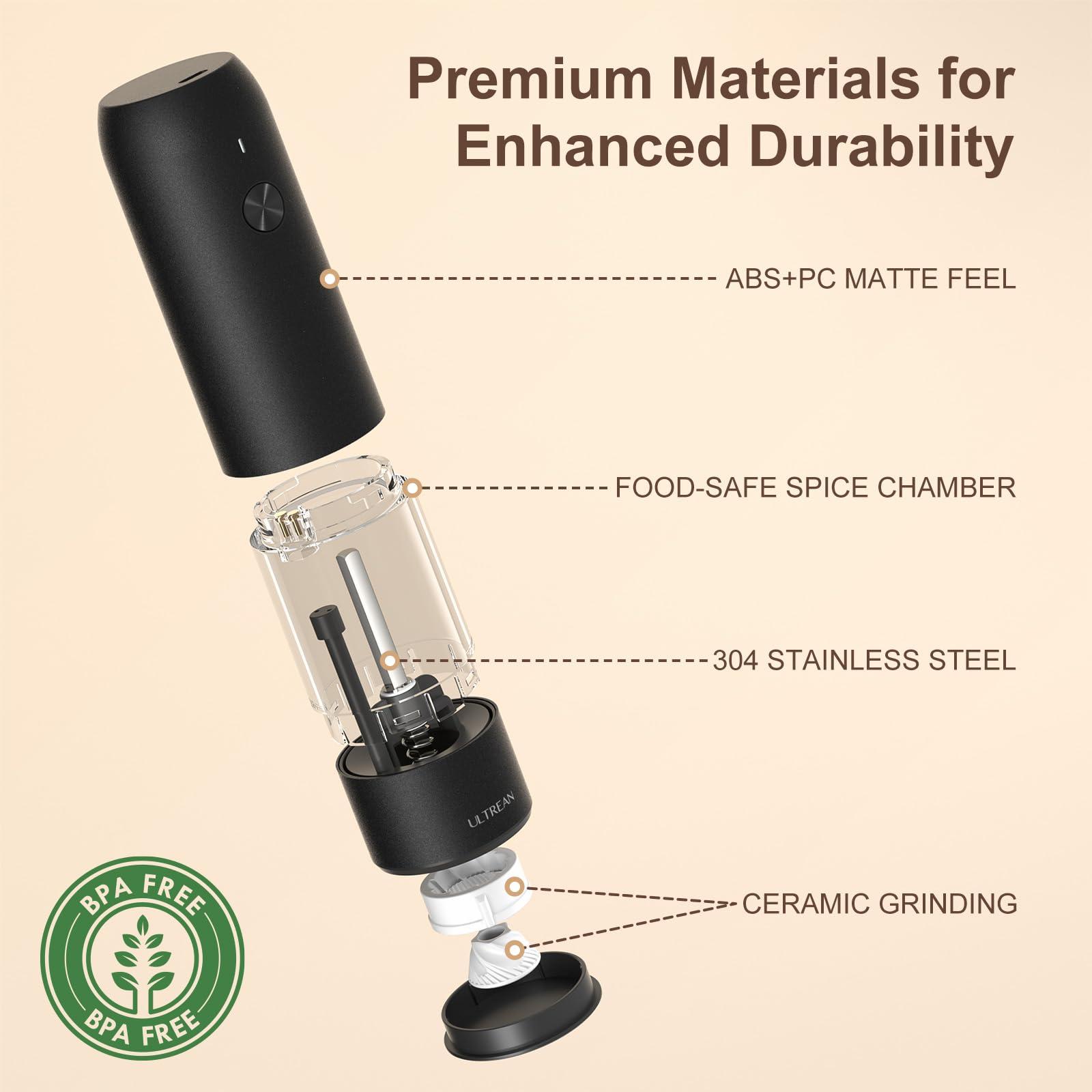 Ultrean Pepper Grinder, Rechargeable Salt and Pepper Grinder with 6 Adjustable Coarseness, LED Light, One-Hand Automatic Operation, Black - Image 5
