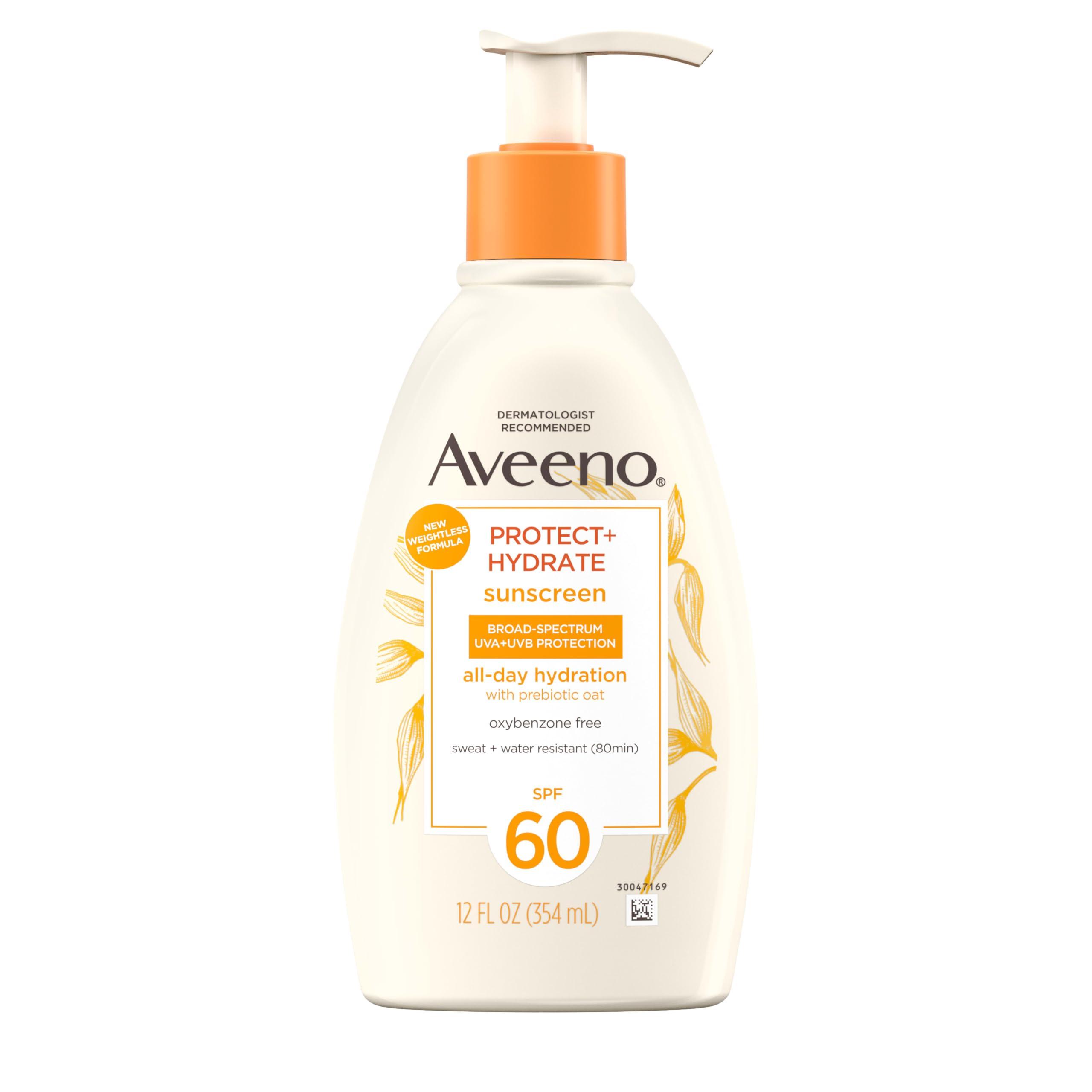 Aveeno Protect + Hydrate Sunscreen Moisturizing Body Lotion with Broad Spectrum SPF 60 and Prebiotic Oat, Weightless, Paraben, Oxybenzone, and Oil Free Sunscreen, 12 FL OZ - Image 1