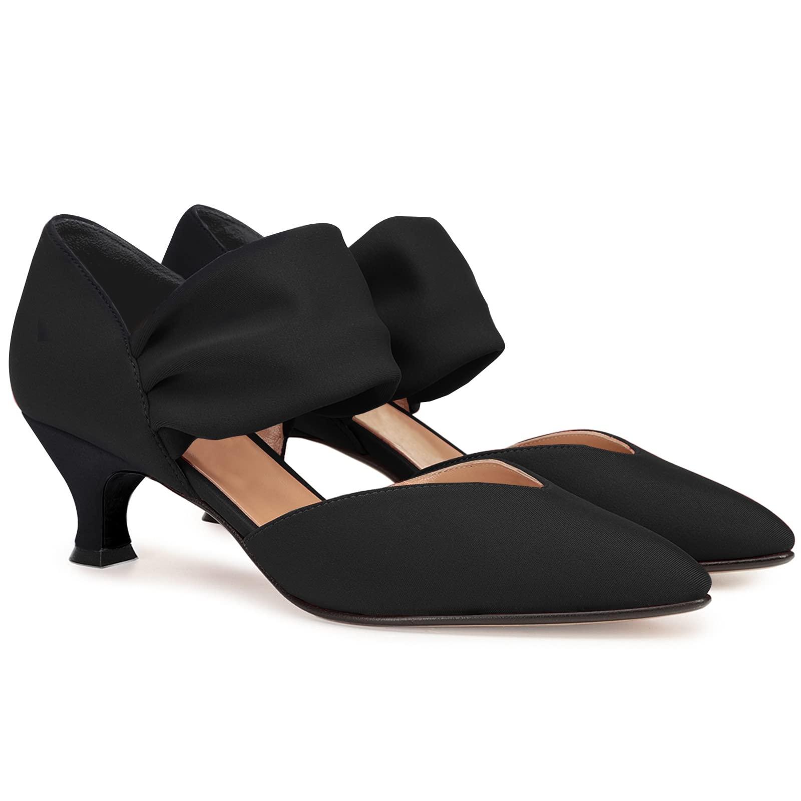 Coutgo Womens Low Kitten Heel Dress Shoes Pointed Toe Slip on Ankle Strap Cutout Elegant Party Wedding Pumps