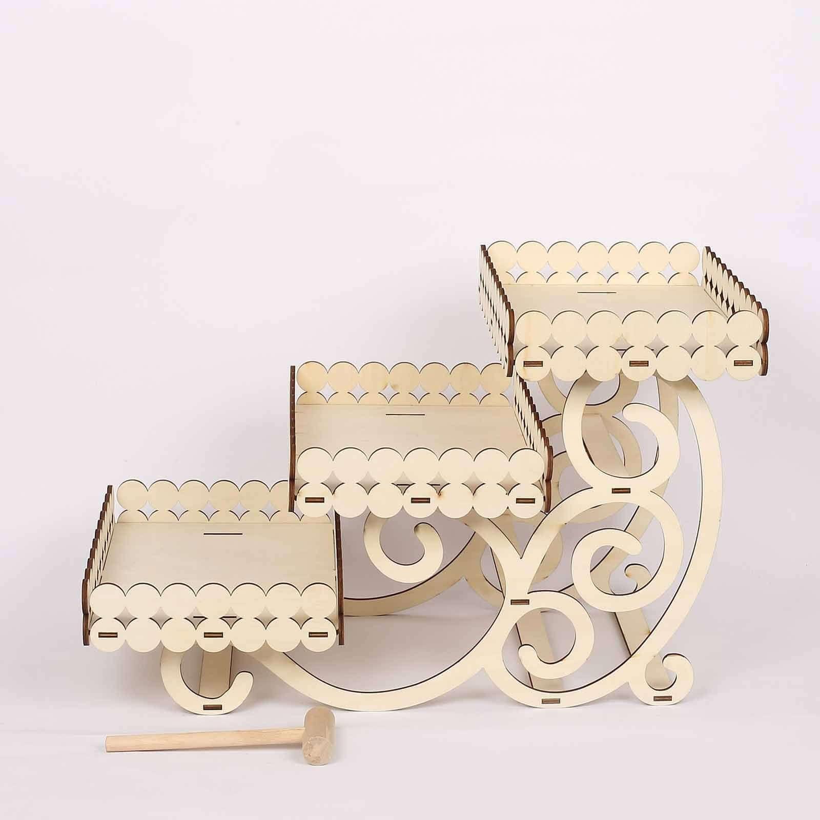Efavormart 3-Tier 22" Natural Wooden Laser Cutout Dessert Serving Platter Display, Rectangular Cupcake Stand Mini Cake Tray - Image 8