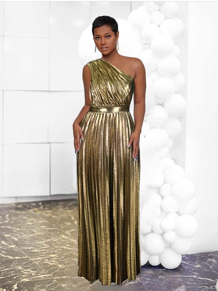 AOMEI Women's Luxury Metallic One Shoulder Sleeveless Elegant Pleated Long Dress - Image 2