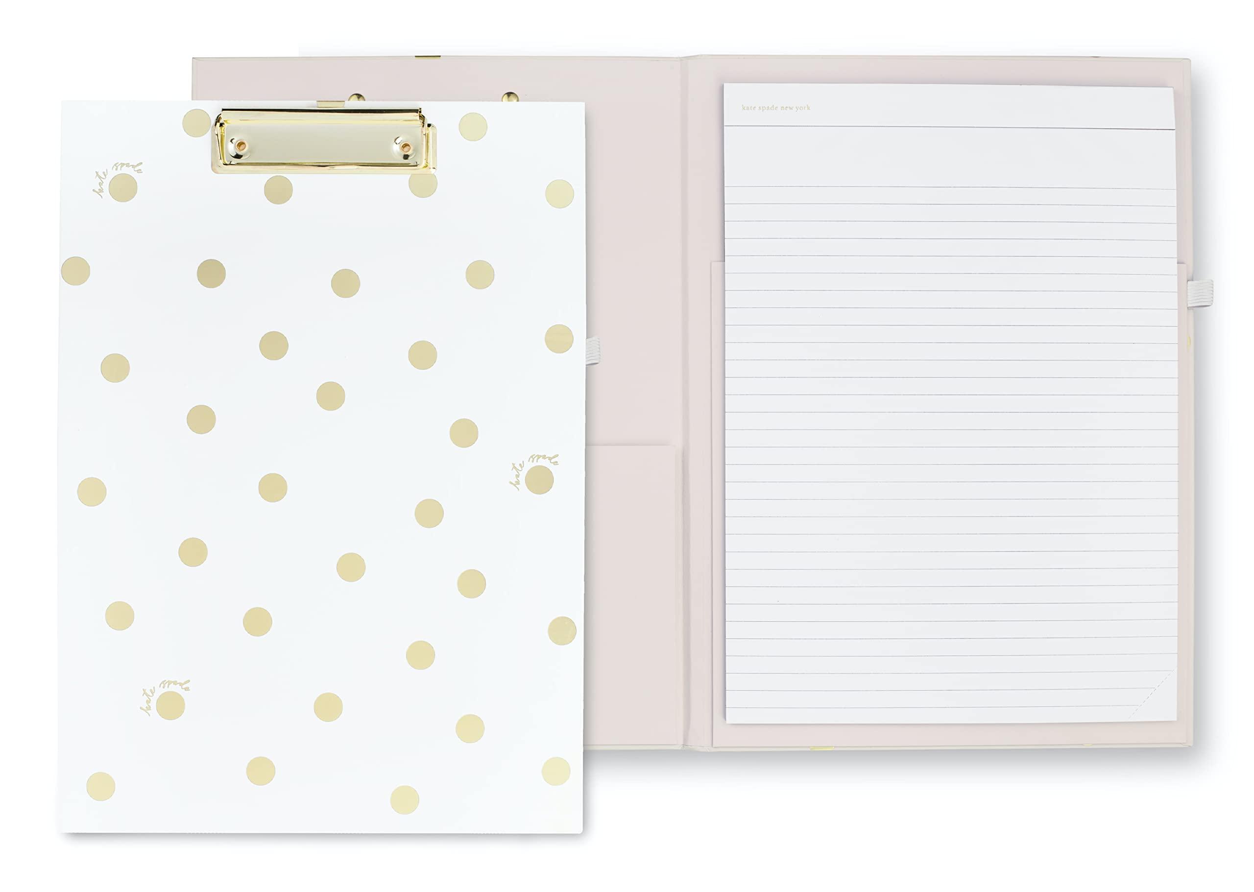 Kate Spade New York A4 Clipboard Folio with Low Profile Clip, Professional Padfolio Includes Lined Notepad, Pen Loop, and Pocket, Gold Dot with Script
