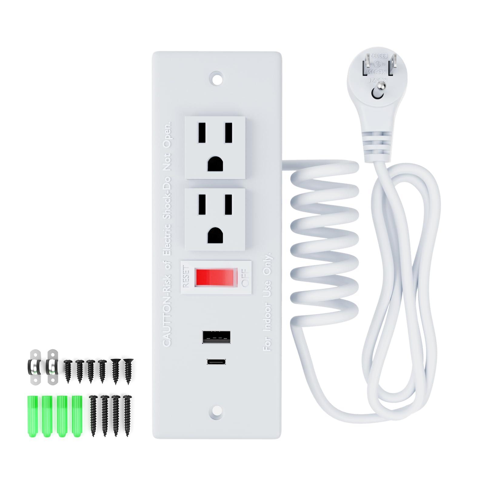 Drawer Outlet Kit, Recessed Furniture Power Strip with Overload Protection Switch, PD 20W Fast Charging, Clutter-Free Drawer Socket with 4 Power Outlets, 7.2 FT Power Cord, Spring Cable, UL Listed