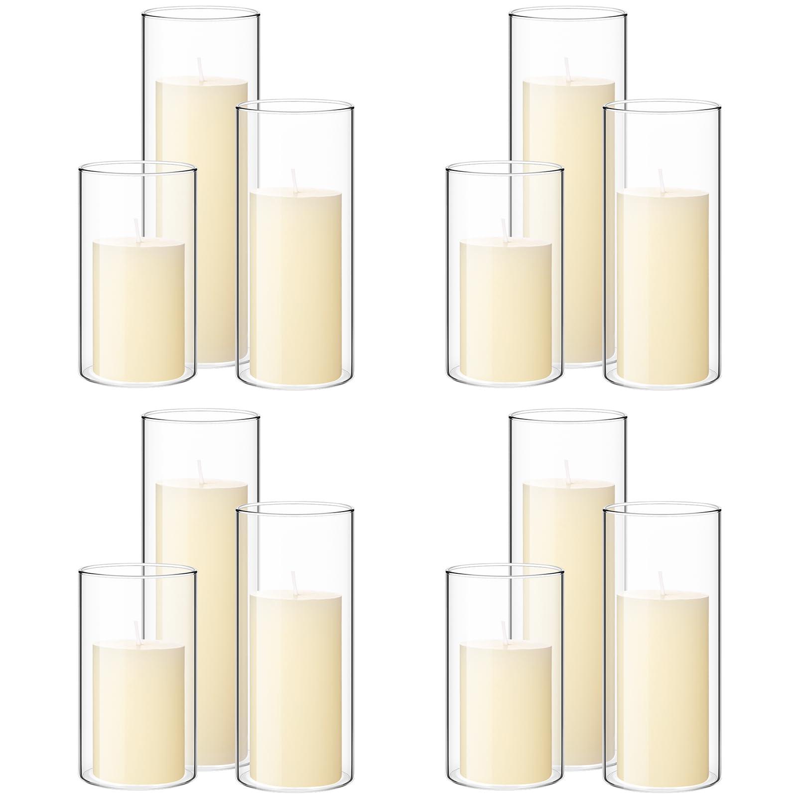 Shihanee Set of 12 Pillar Candles and Glass Cylinder Vases Clear Cylinder CandleHolders for Slim Pillar Candles Wedding Centerpieces(2.6''x 4.7'', 5.9'', 7.9'',Ivory White)