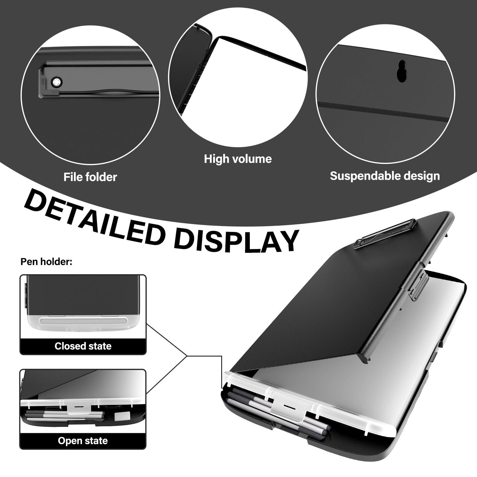 YEAHVIY Clipboard with Storage, Large Capacity Nursing Clipboards with Low Profile Clip, Heavy Duty Plastic Storage Clipboard with Pen Holder, Side-Opening (Black with Black Clip) - Image 3