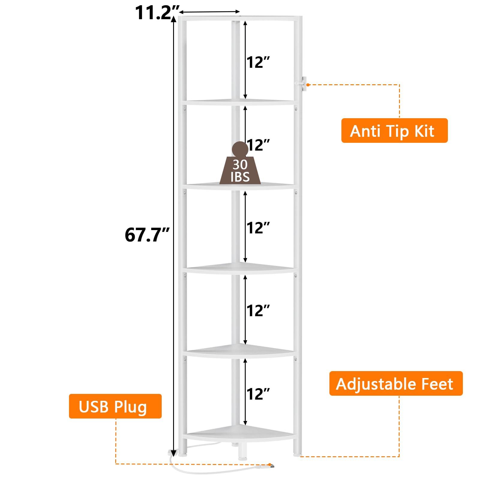 Furnulem 6 Tier Corner Shelf with LED Light, 67.5” Tall Standing Shelf Organizer, White Narrow Bookshelf with Storage Rack for Wall Corner, Living Room, Bedroom, Metal Frame, Wood Display Shelf - Image 2