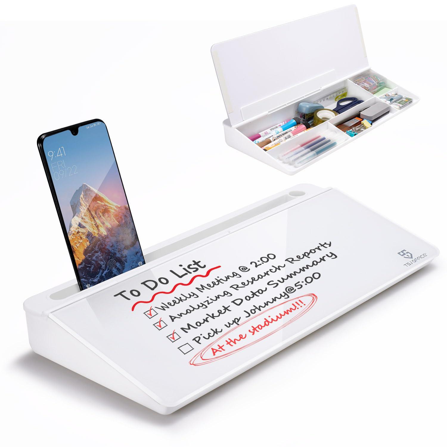 Small Glass Desktop Whiteboard Dry-Erase-Board - Computer Keyboard Stand White Board Surface Pad with Drawer, Desk Organizers with Accessories for Office, Home, School Supplies