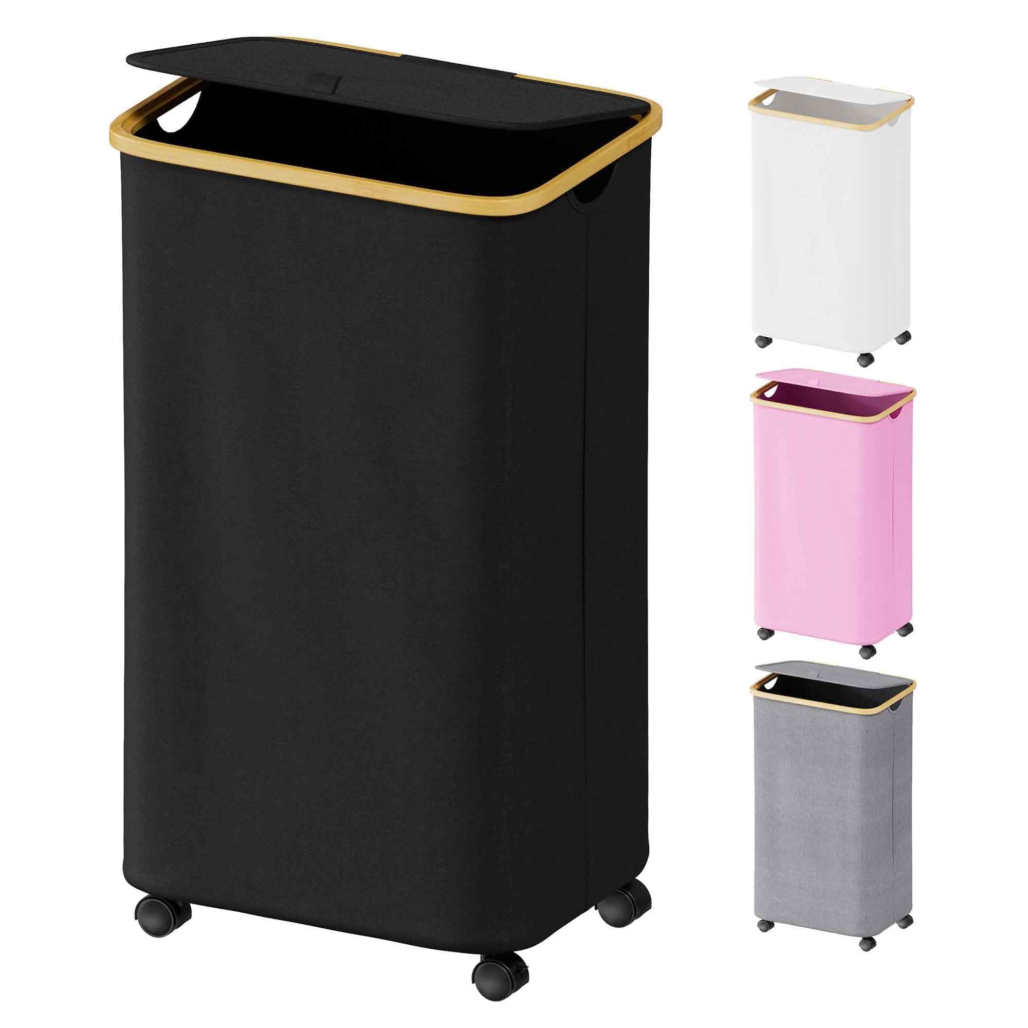SUOCO Laundry Hamper on Wheels 100L, Clothes Basket with Lid and Bamboo Handles, Foldable Laundry Hamper for Bedroom, Bathroom, Dorm, Laundry Room - Black