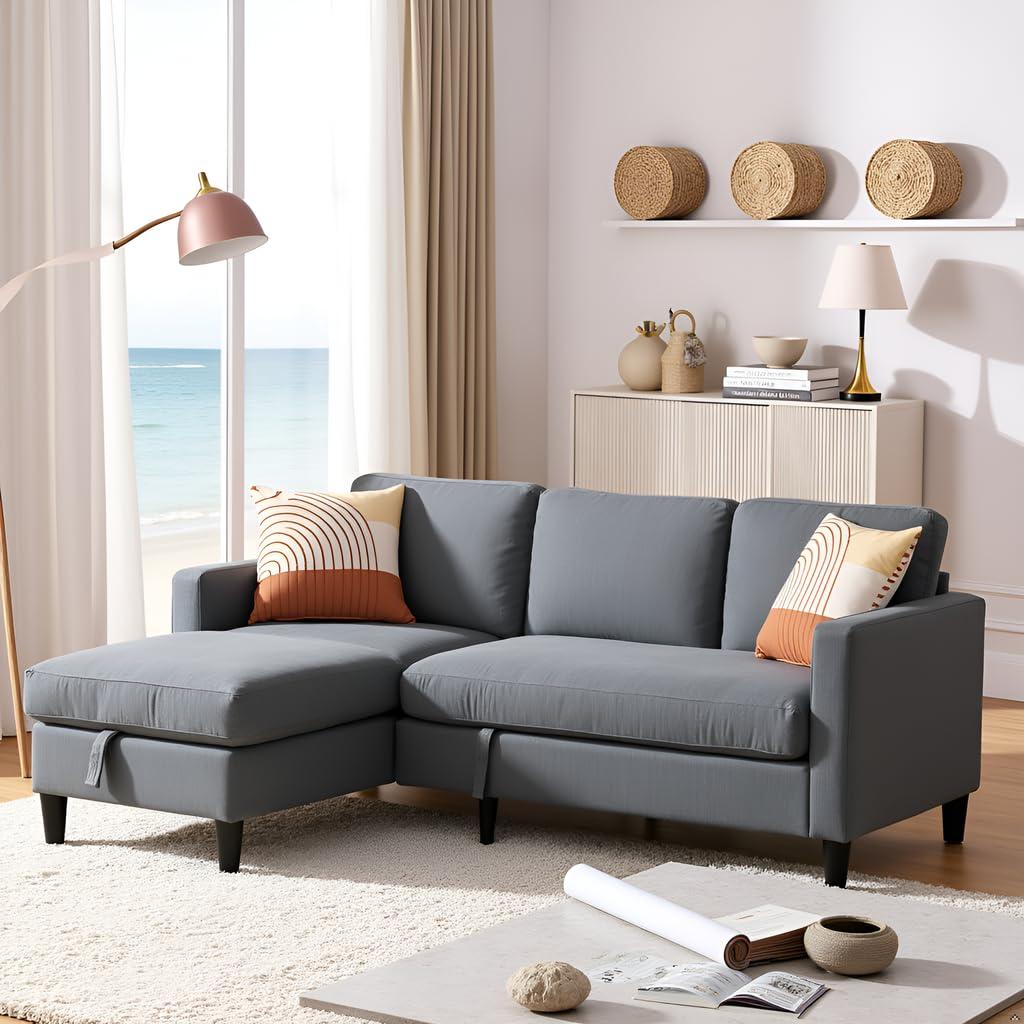 EDWINENE Small Sectional Couch, 3 Seater Small l Shaped Couch with Storage, 74 inch Pet Friendly Sofa for Living Room (Dark Gray)
