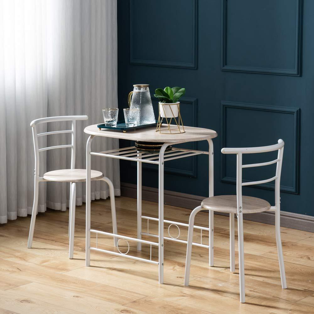 VINGLI 3 Piece Dining Set,Small Kitchen Table Set for 2,Breakfast Table Set,Kitchen Wooden Table and 2 Chairs for Small Space/Dining Room/Apartment,Metal Frame,Wine Rack,White&Light Oak - Image 2