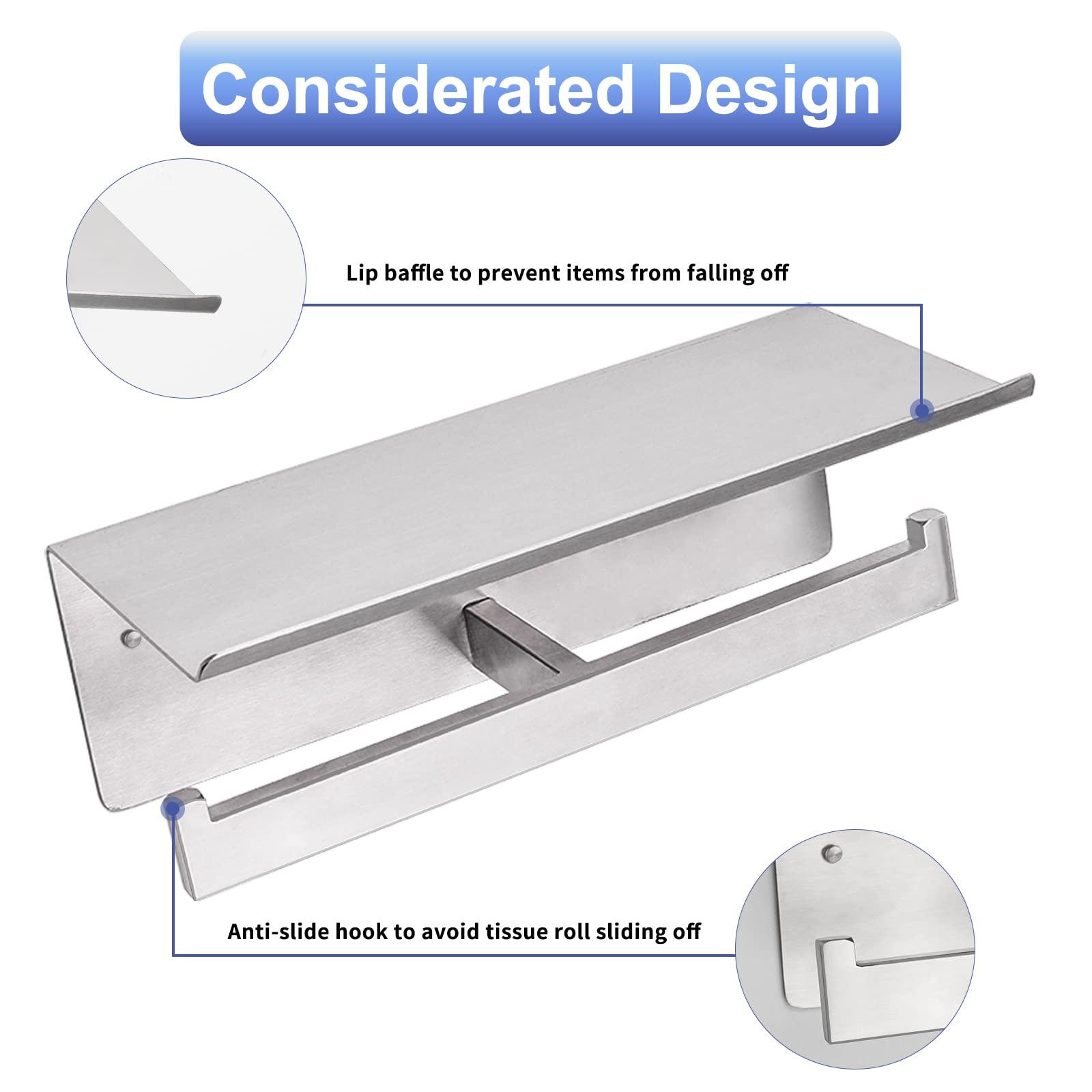 Double Toilet Paper Holder with Shelf,Idealmax Toilet Paper Holder Brushed Nickel,Large Commercial Toilet Paper Dispenser Phone Shelf, Wall Mounted Tissue Roll for Bathroom, Stainless Steel - Image 3