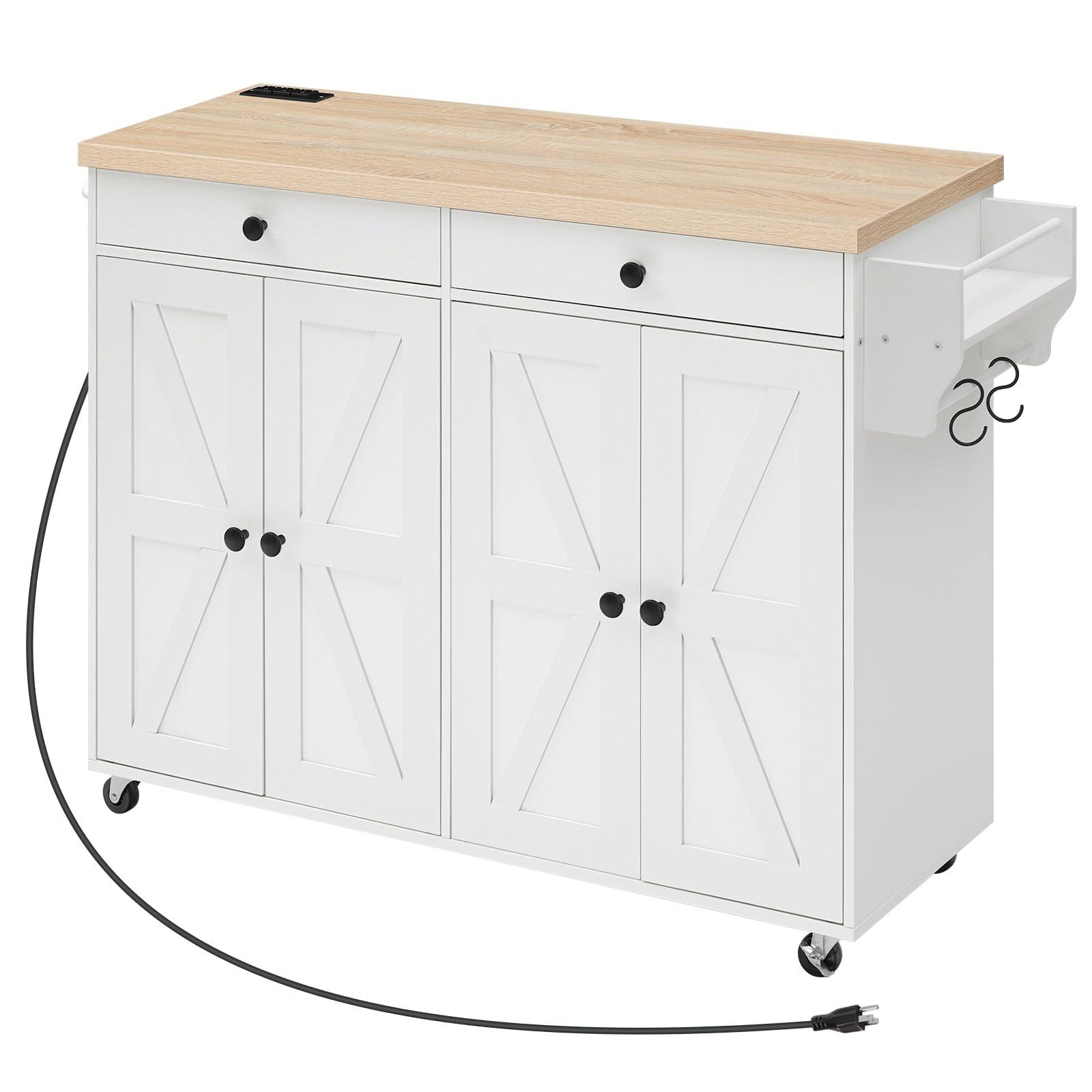 HOOBRO 43.3 Inch Kitchen Island with Charging Station, Rolling Kitchen Island with Storage, Rolling Cart with Spice Rack and Hooks, for Dining, Living Room, White and Natural WN11UZD01 - Image 9