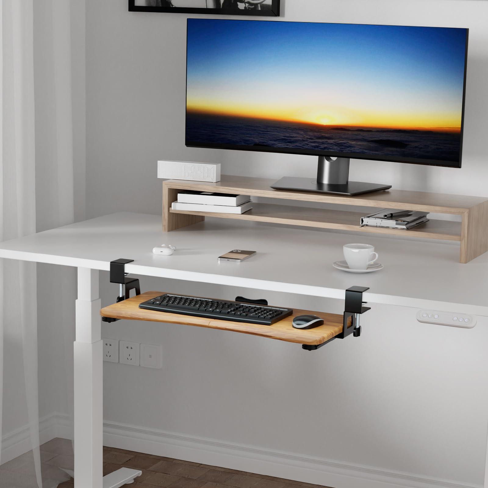 suptek Keyboard Tray Under Desk Pull Out with C Clamp Mount, Computer Keyboard & Mouse Tray, 25.6 (30 Including Clamps) x 11.8 inch Slide-Out Platform Computer Drawer for Typing, Dark Wood, DSF1SM - Image 2