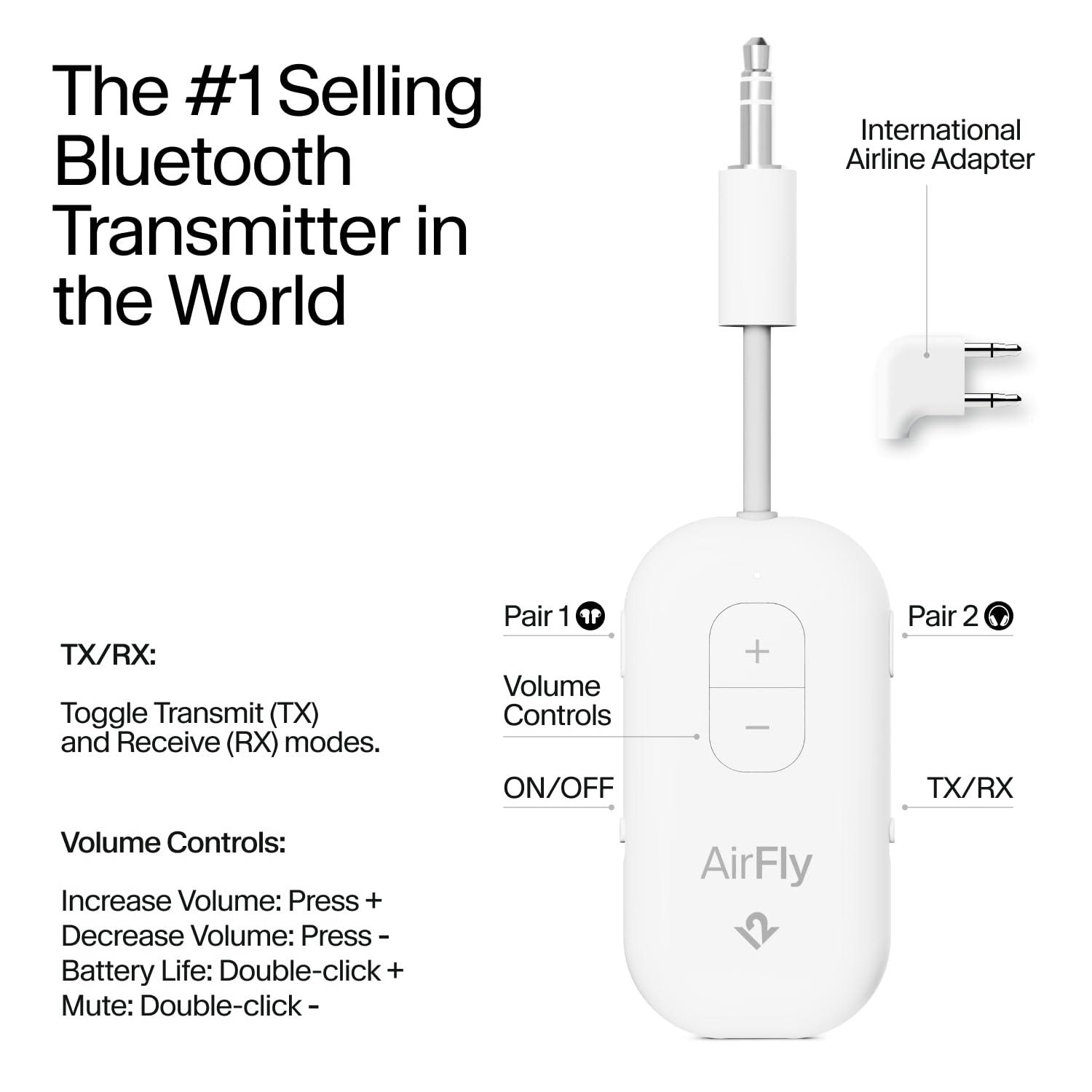 AirFly Pro 2 Deluxe – Bluetooth Adapter for Airplane, Pair 2 AirPods or Wireless Headphones – 3.5mm AUX Bluetooth Transmitter/Receiver for Cars, Boats, Treadmills, TVs – Airplane Travel Essentials - Image 2