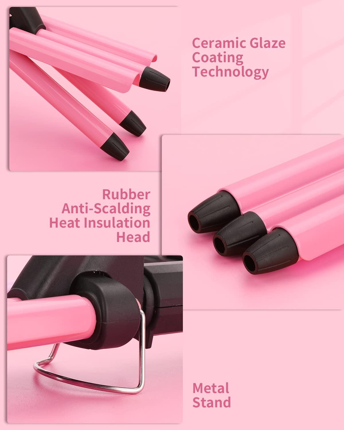 Mini 3 Barrel Curling Iron, Dual Voltage Triple Barrel Hair Waver for Home and Travel, Ceramic Tourmaline 1/2 Inch, Pink - Image 4