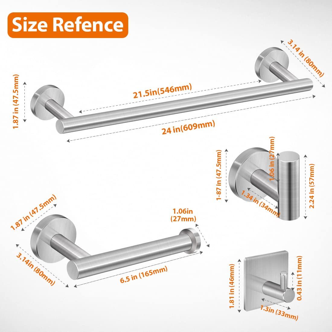 Tudoccy 5-Pieces Bathroom Hardware Set Brushed Nickel SUS304 Stainless Steel Round Wall Mounted - Includes 24" Hand Towel Bar, Toilet Paper Holder, 3 Robe Towel Hooks, Bathroom Accessories Kit - Image 3