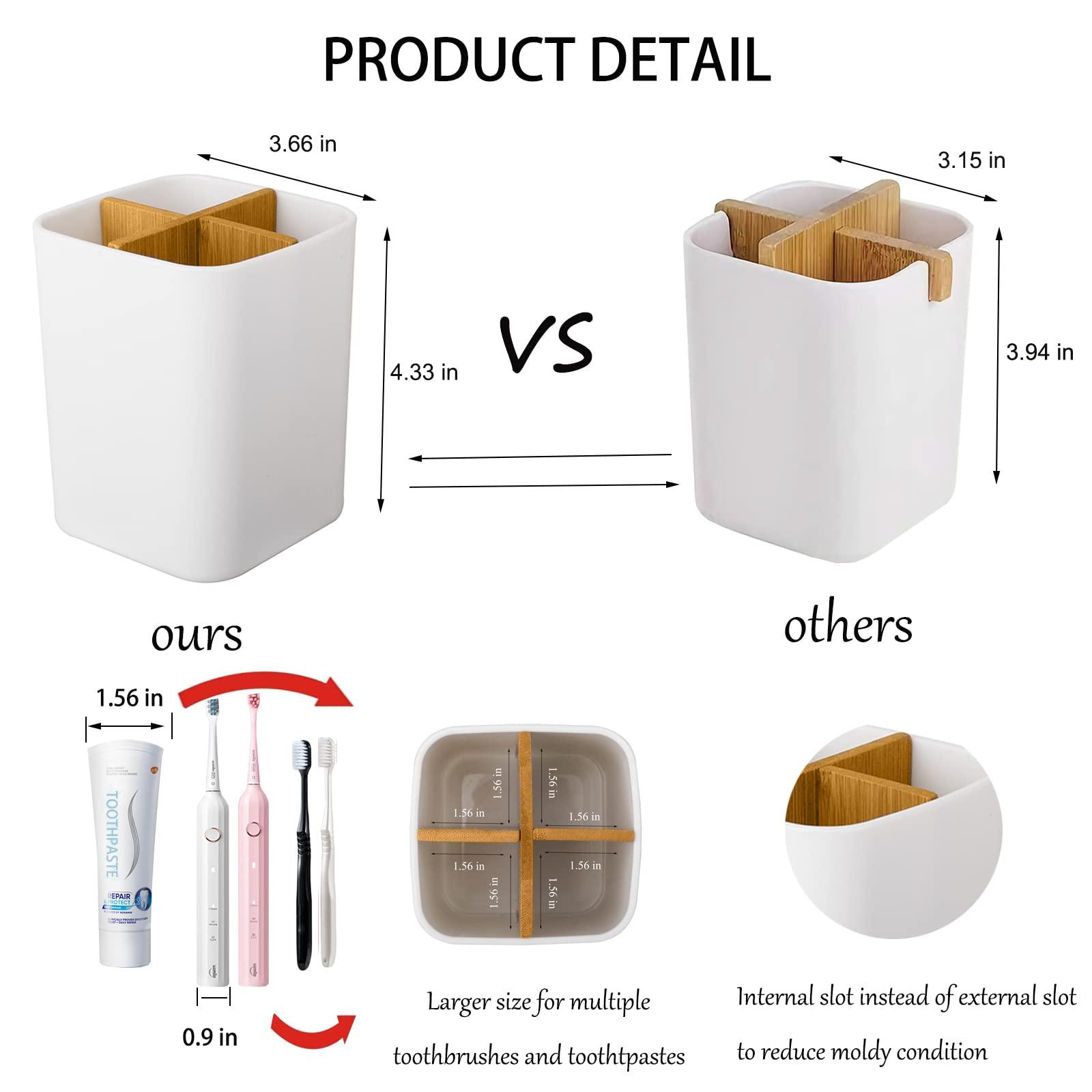 Bamboo Toothbrush Holder for Bathrooms, 4 Slots Toothbrush and Toothpaste Holder Bathroom Counter Organizer for Electric Toothbrushes, Floss, Razors - White - Image 3