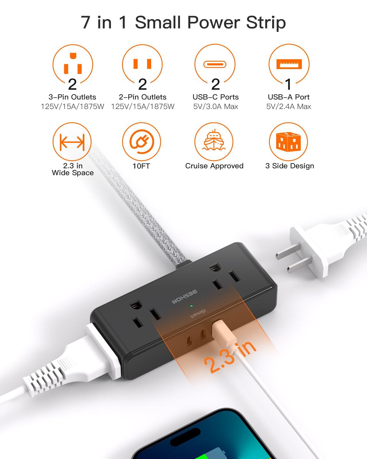Extension Cord 10 ft, BESHON Flat Plug Power Strip, 4 Widely Outlets with 3 USB Ports (2 USB C), Extension Cord with Multiple Outlets for Home, Office, Dorm Room Essentials, Black - Image 3