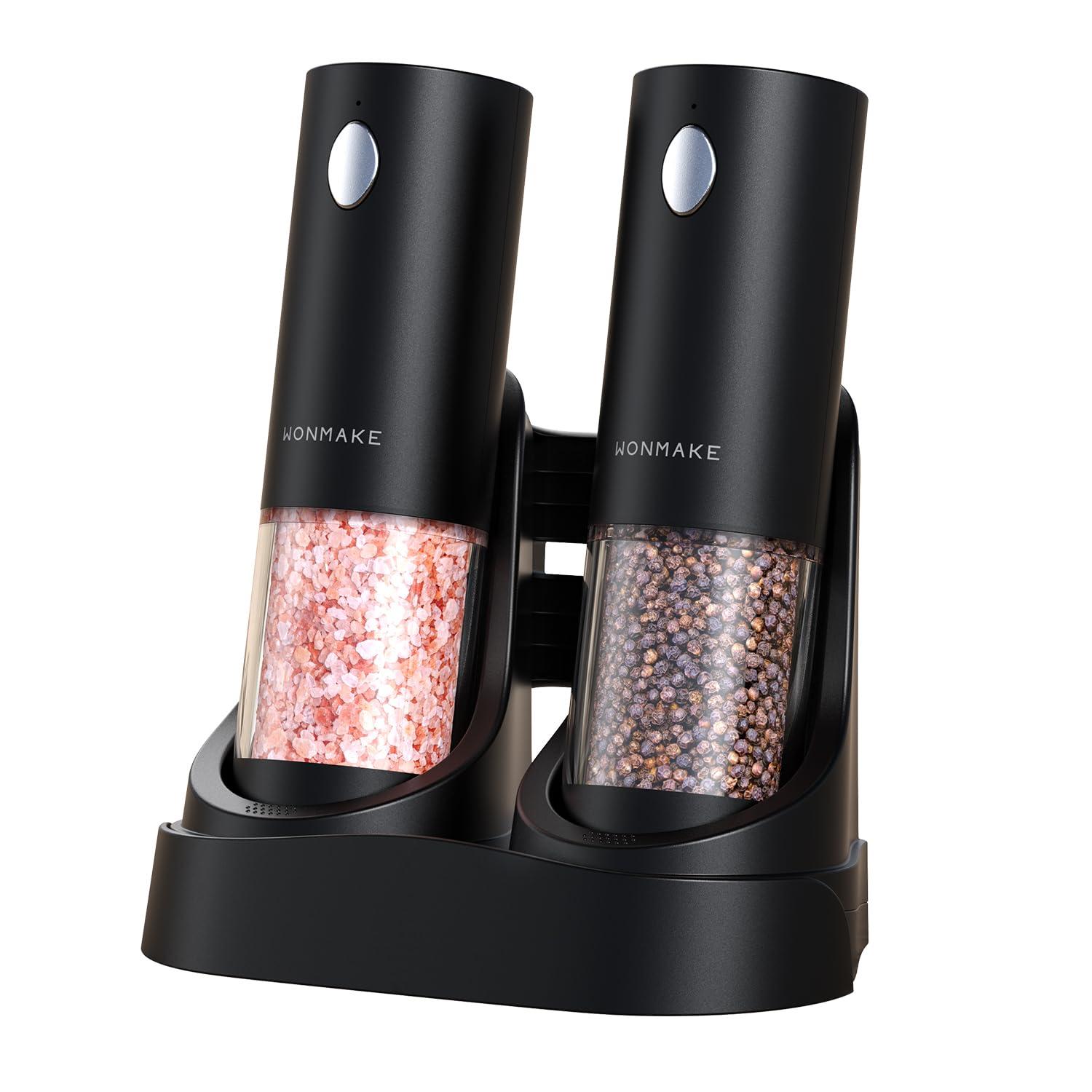 Electric Salt and Pepper Grinder Set - Automatic Refillable Salt and Pepper Grinders with Charging Base & LED Light, Adjustable Coarseness, One-handed Easy Operation, Ideal Kitchen Gadget