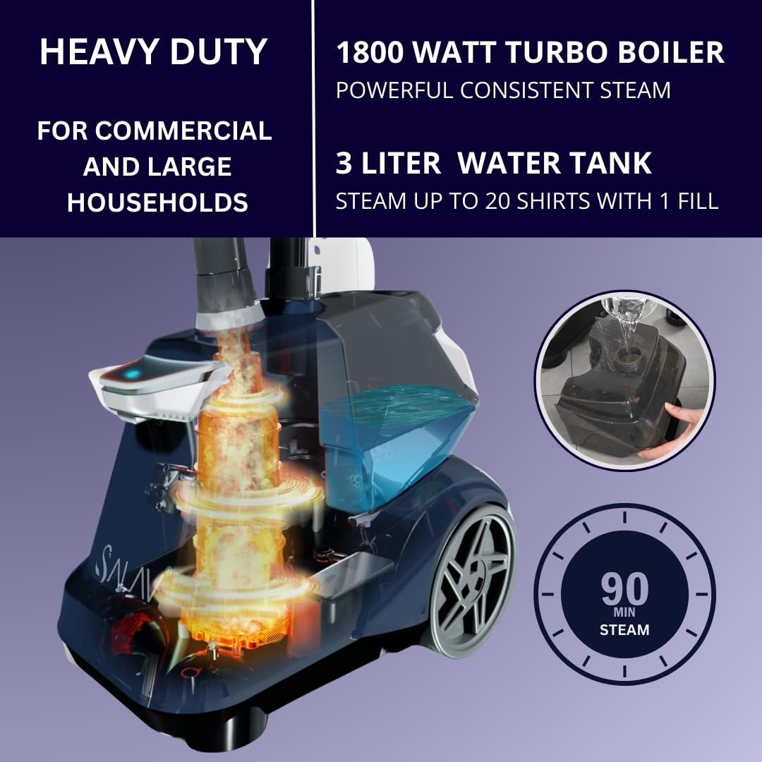 SALAV Heavy Duty Commercial Full-Size Garment Steamer with Foot Pedals and Extra Large 3L (101.5 oz) Water Tank, 1800 watts of Poweful Steam (Navy) - Image 4