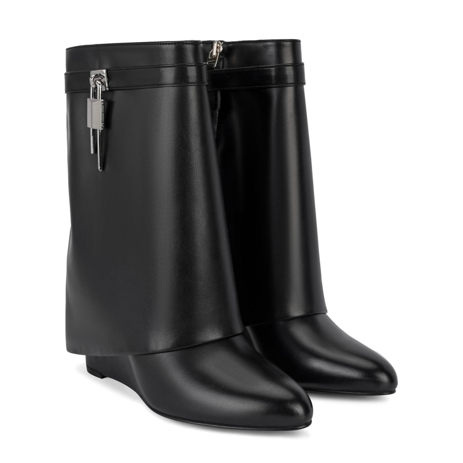 CORNMOOD Women Fold Over Wide Mid-calf Boots Platform Wedge Heel Round Toe Faux Leather Pull On Shark Booties with Padlock Short Boots - Image 2
