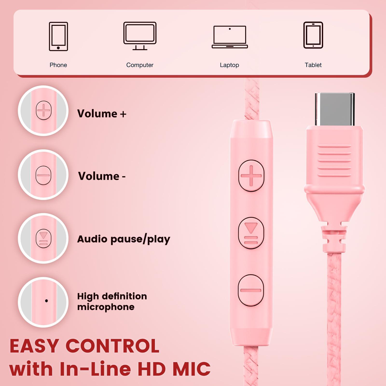 Cowyawn USB C Headphones Wired, Over Ear USB C Wired Headphones with Microphone, Volume Control, HD Stereo Sound, Foldable USB Type C Headphones for Adult/Teens/Chromebook/Laptop/Computer/iPhone,Pink - Image 5